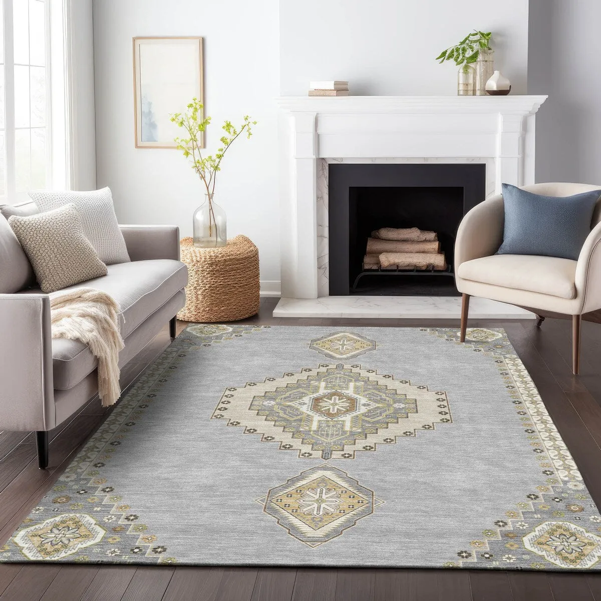 Machine Washable Indoor/ Outdoor Boho Traditional Chantille Rug