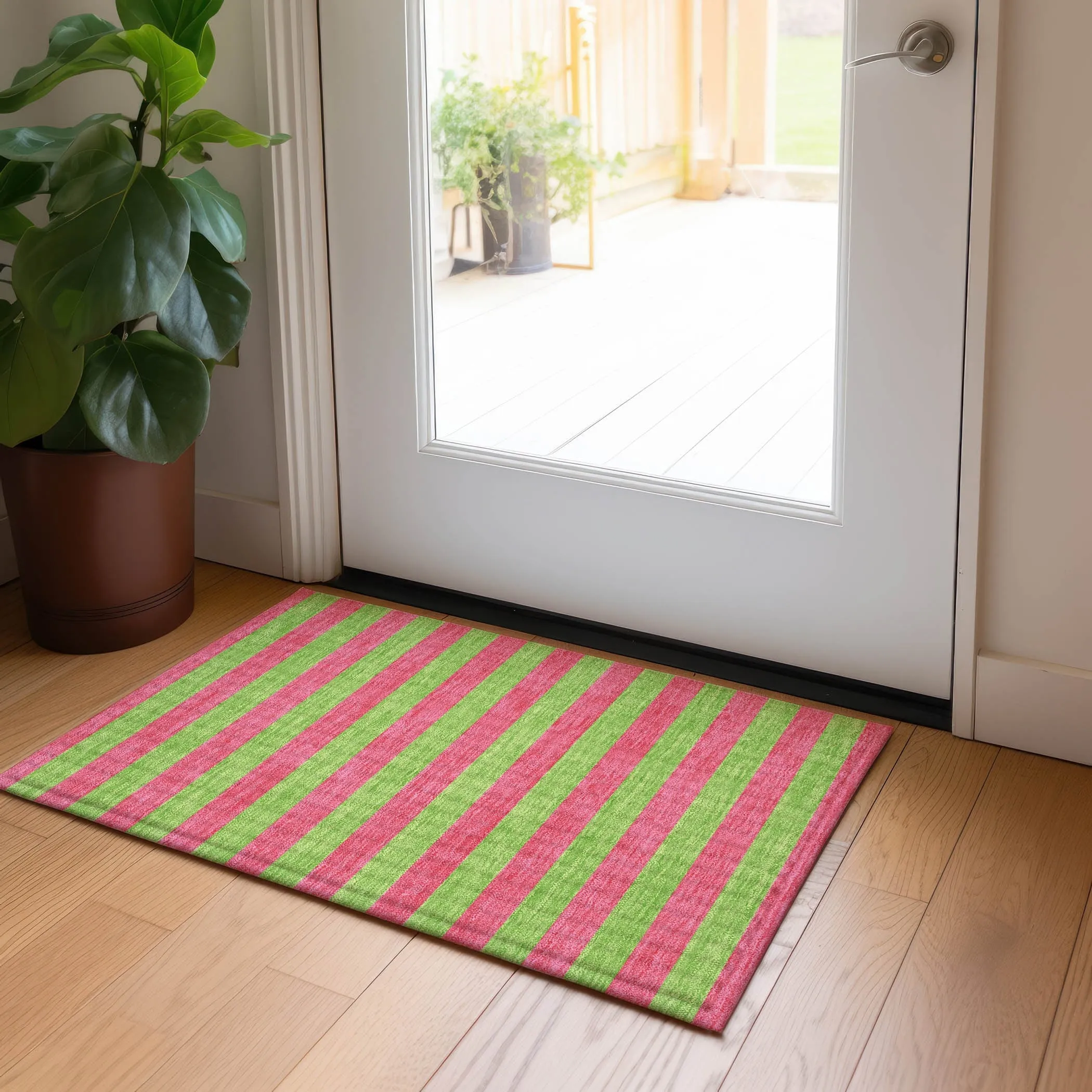 Machine Washable Indoor/ Outdoor Cabana Stripe Chantille Rug