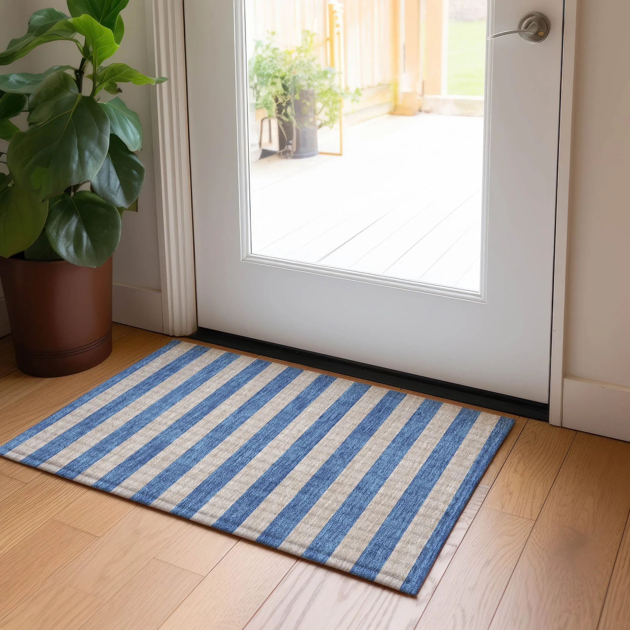 Machine Washable Indoor/ Outdoor Cabana Stripe Chantille Rug