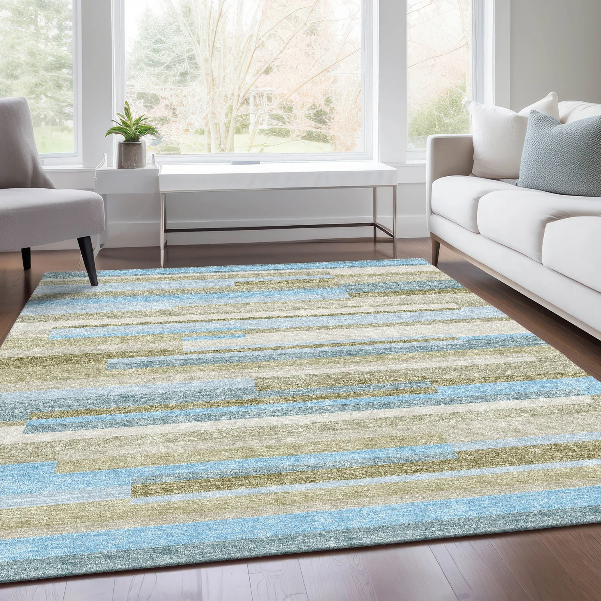Machine Washable Indoor/ Outdoor Chantille Contempory Stripes Rug