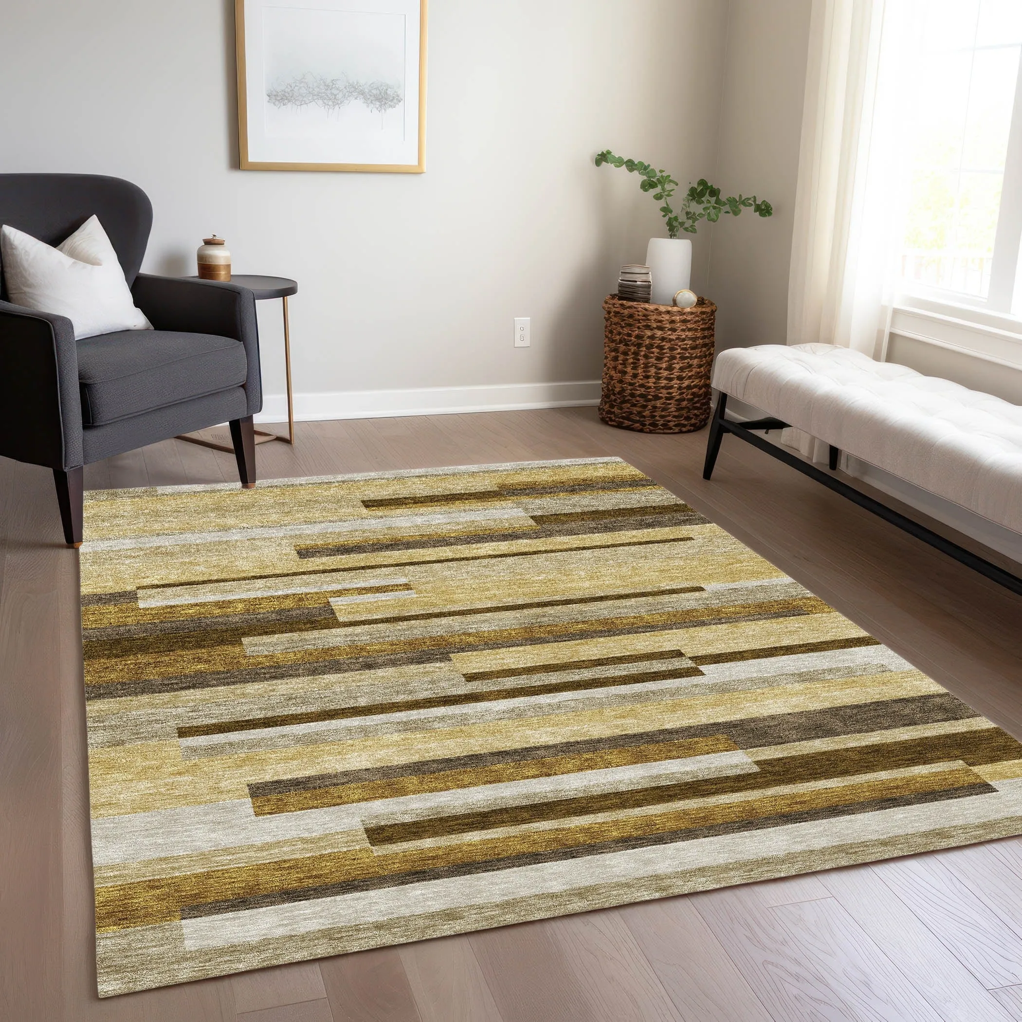 Machine Washable Indoor/ Outdoor Chantille Contempory Stripes Rug