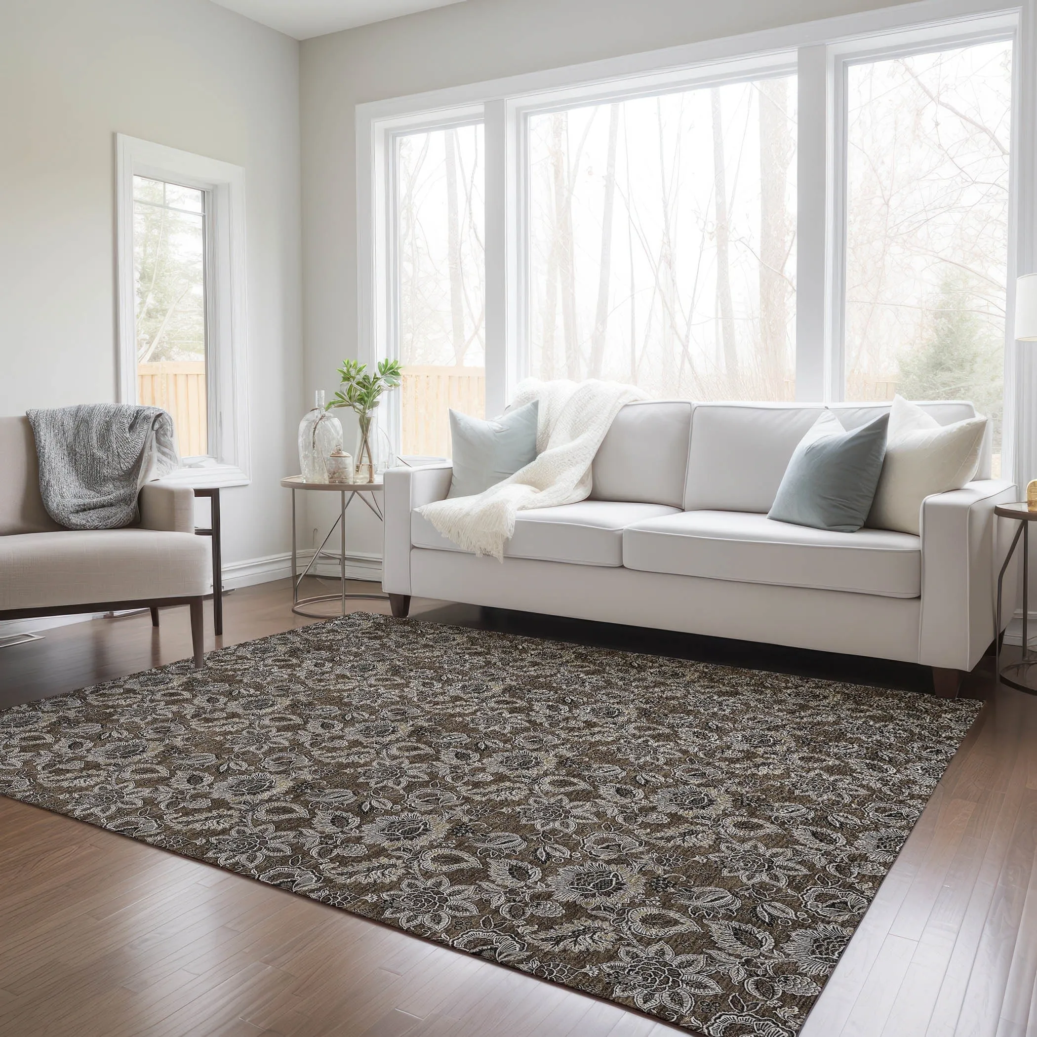 Machine Washable Indoor/ Outdoor Chantille Floral Farmhouse Rug