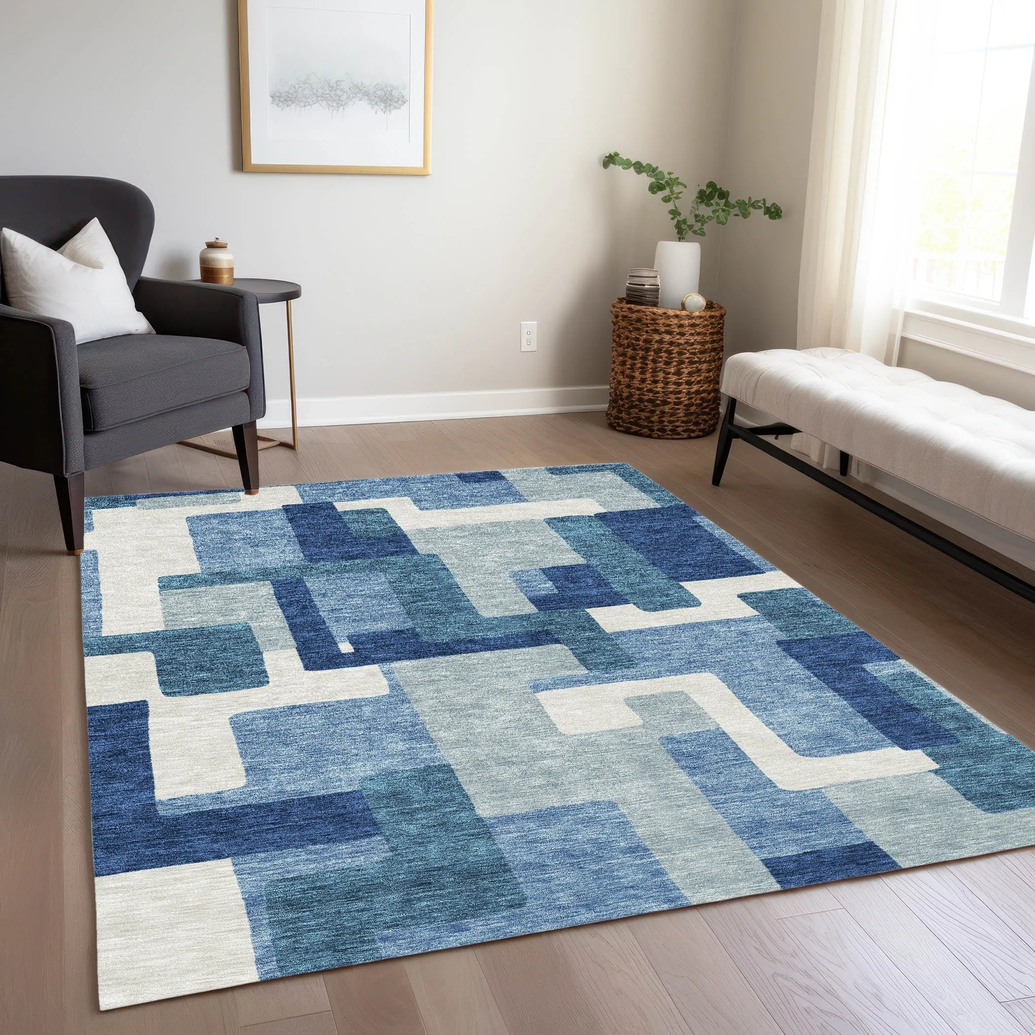 Machine Washable Indoor/ Outdoor Chantille Modern Blocks Rug