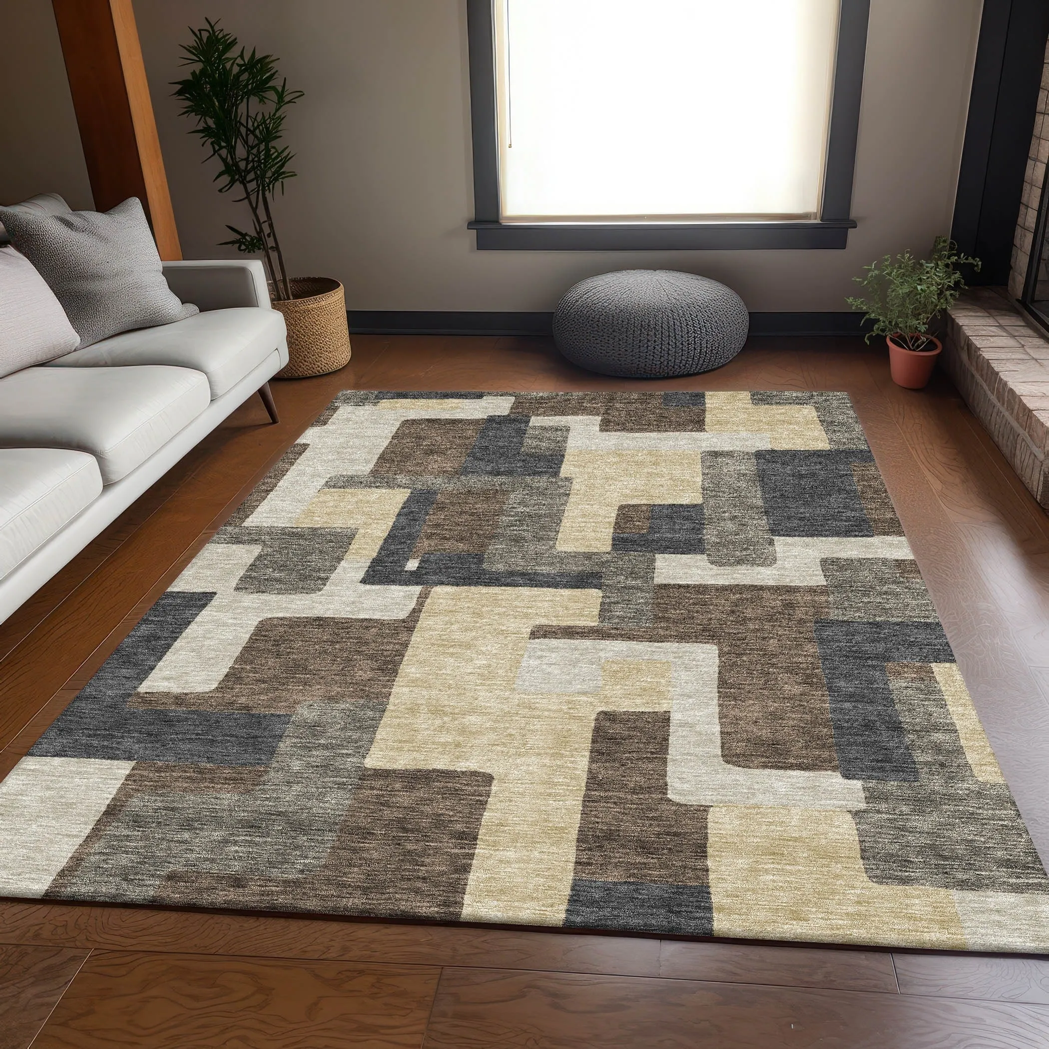 Machine Washable Indoor/ Outdoor Chantille Modern Blocks Rug