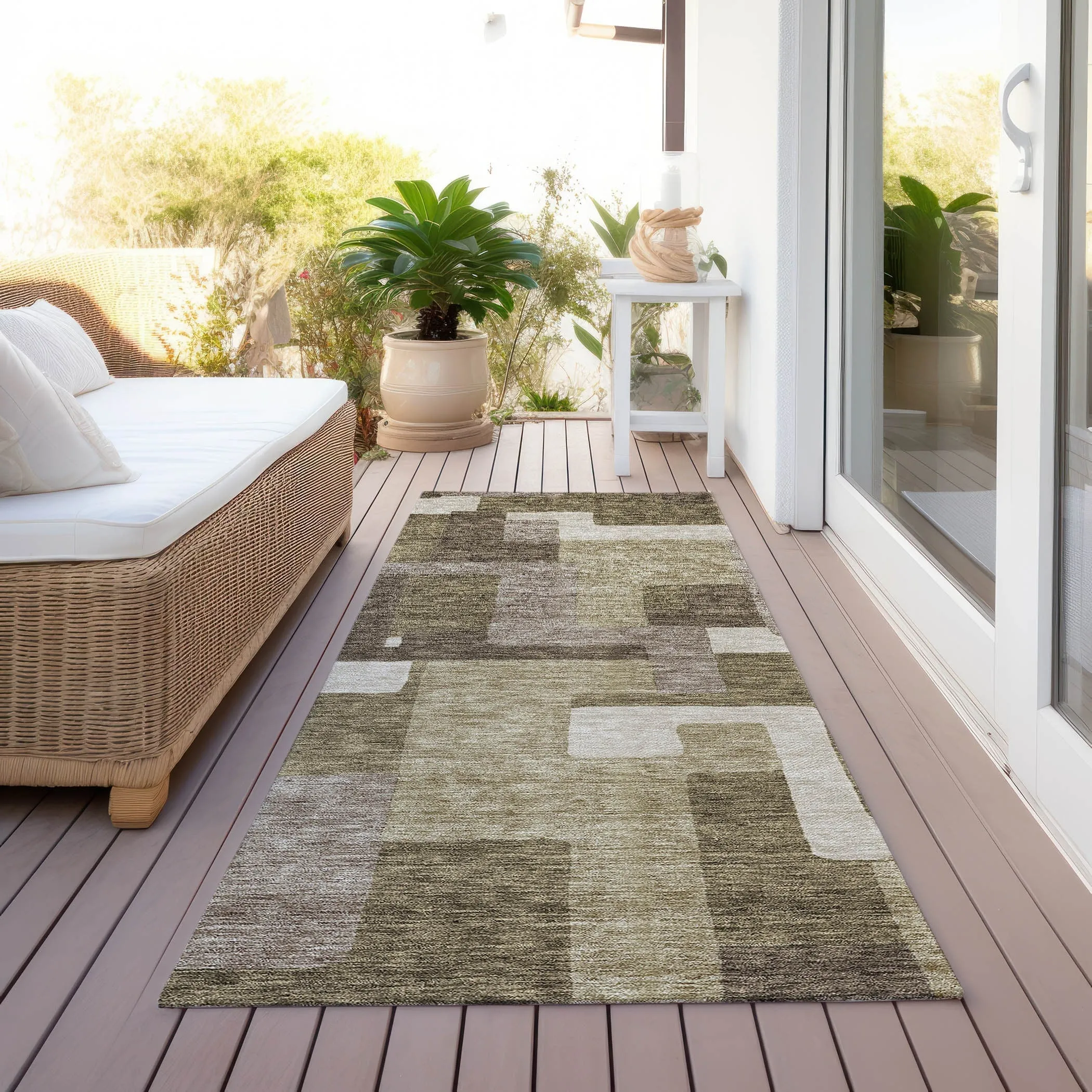 Machine Washable Indoor/ Outdoor Chantille Modern Blocks Rug