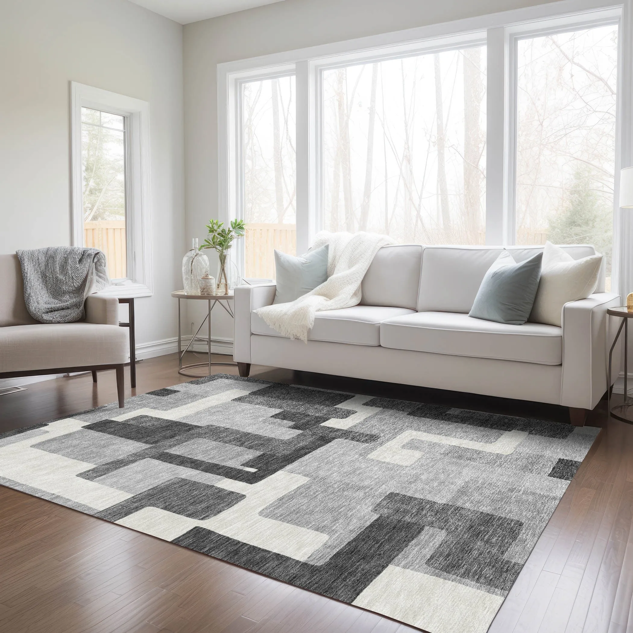 Machine Washable Indoor/ Outdoor Chantille Modern Blocks Rug