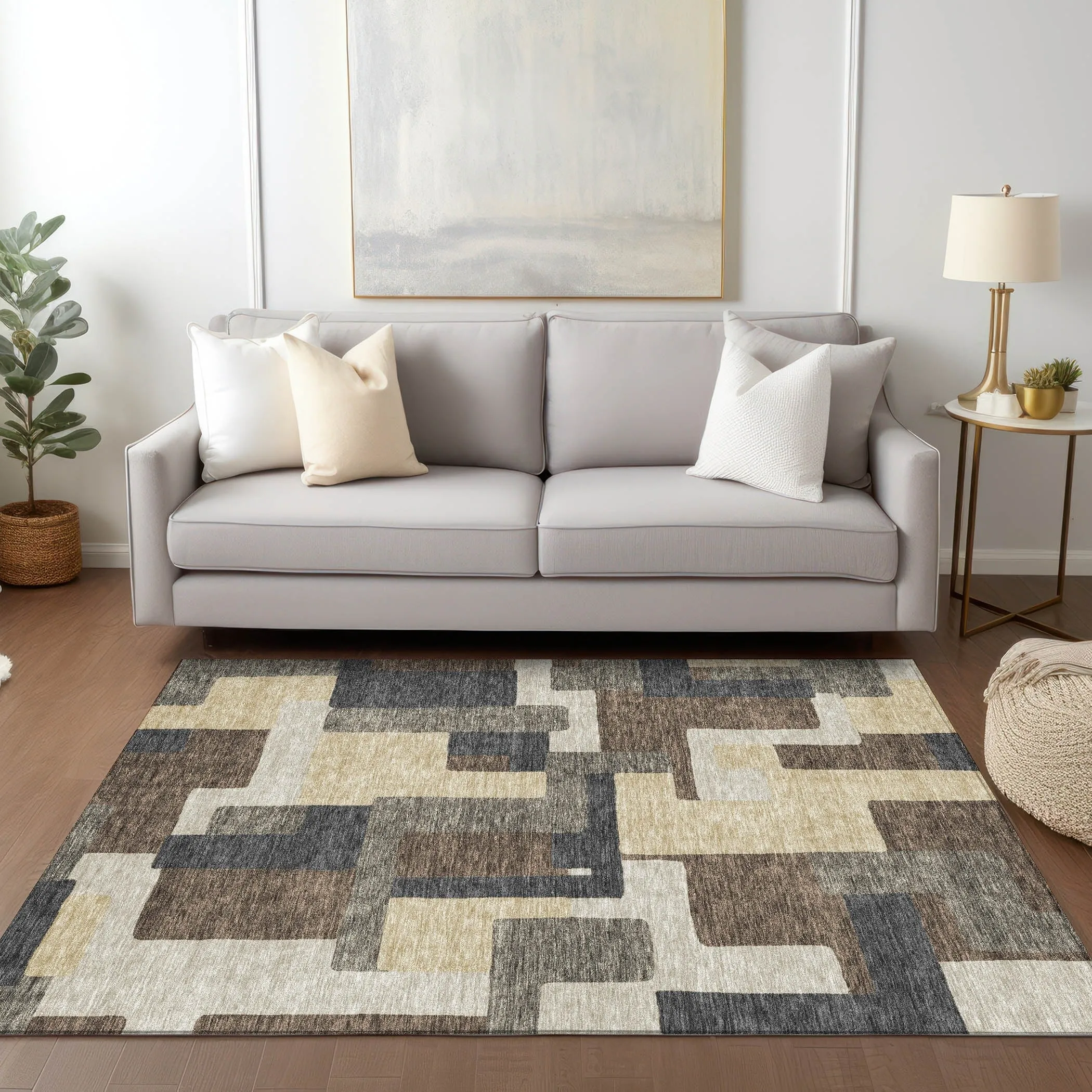 Machine Washable Indoor/ Outdoor Chantille Modern Blocks Rug