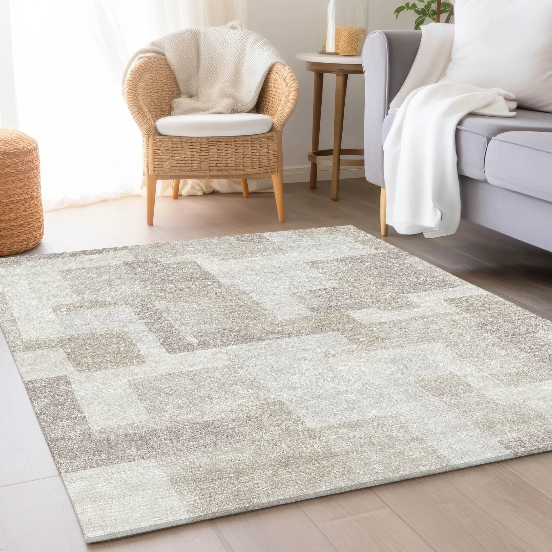 Machine Washable Indoor/ Outdoor Chantille Modern Blocks Rug