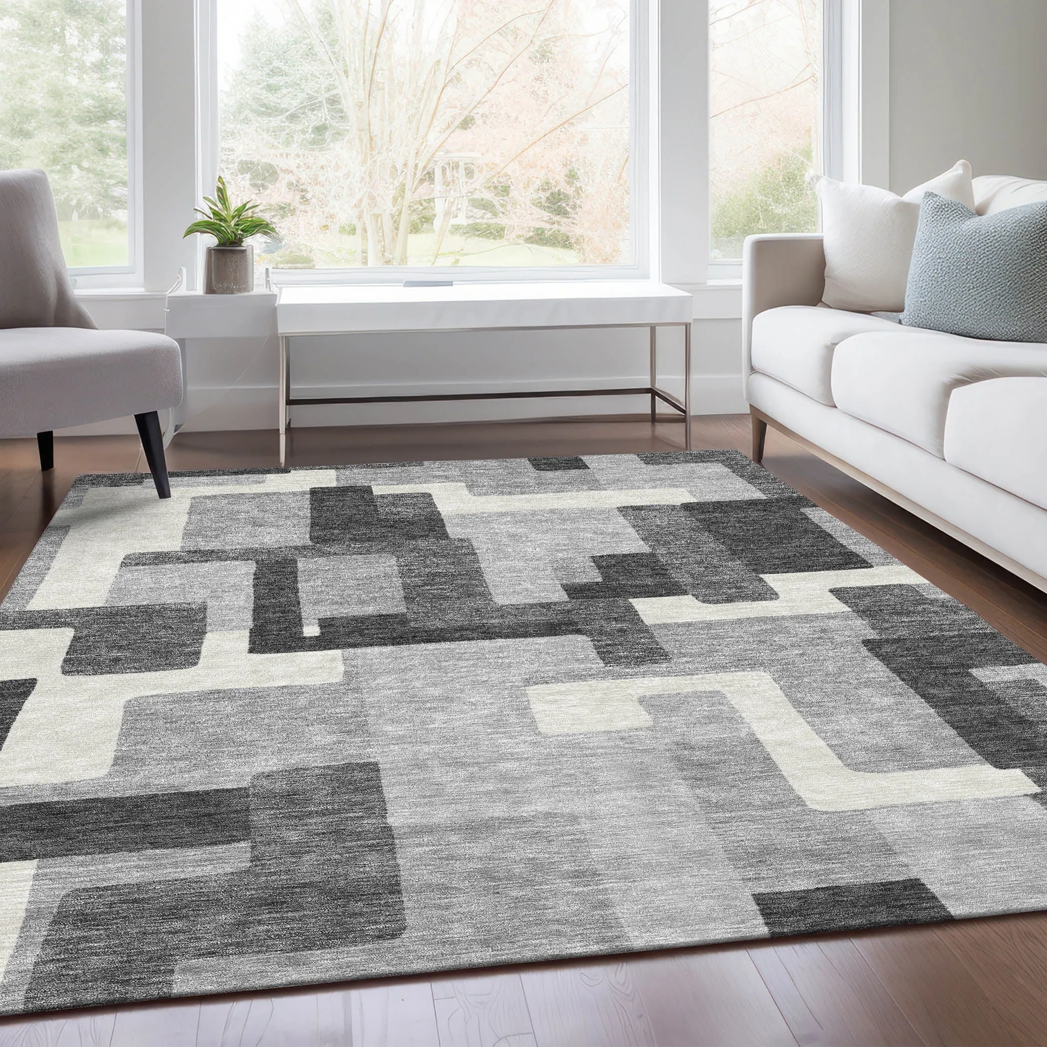 Machine Washable Indoor/ Outdoor Chantille Modern Blocks Rug