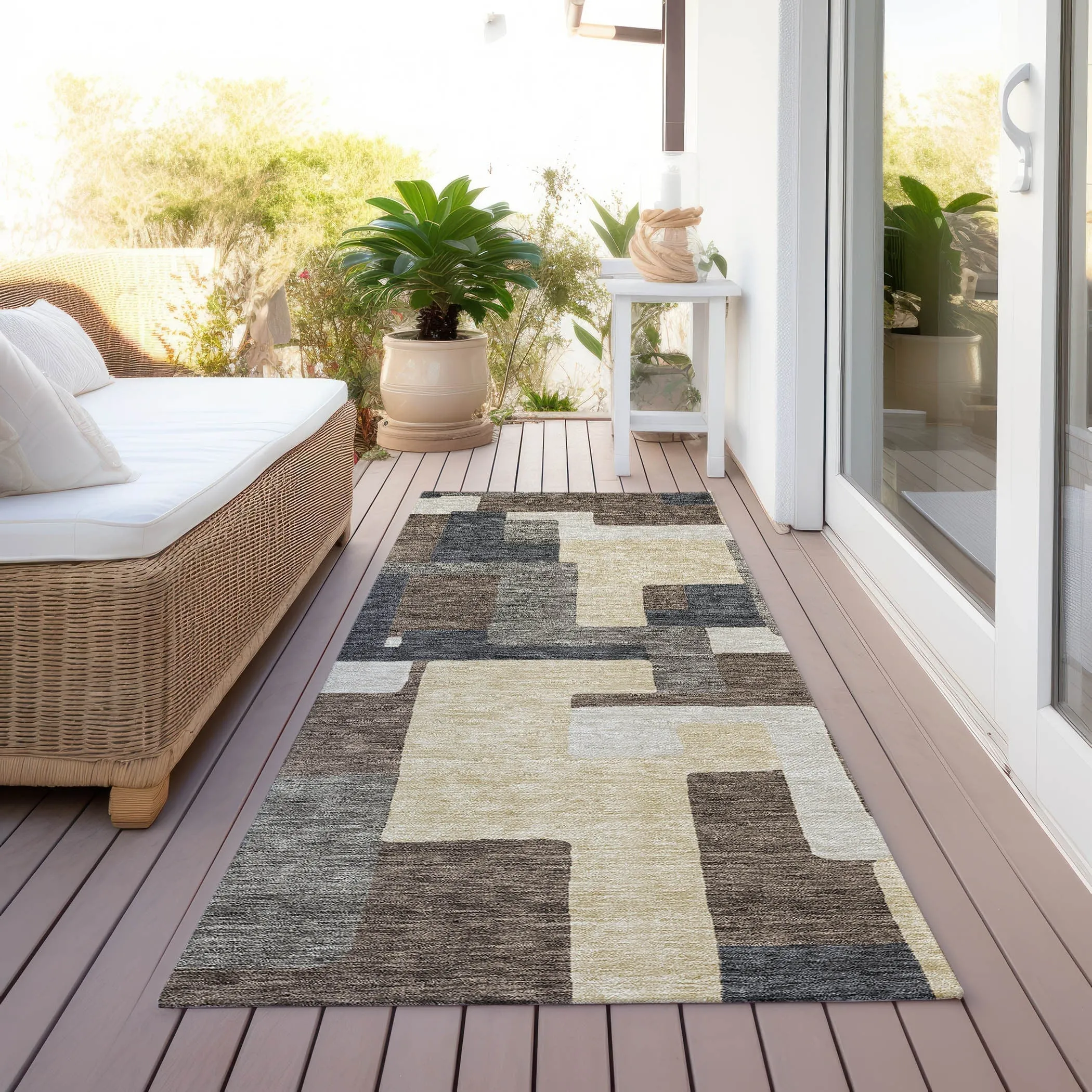Machine Washable Indoor/ Outdoor Chantille Modern Blocks Rug