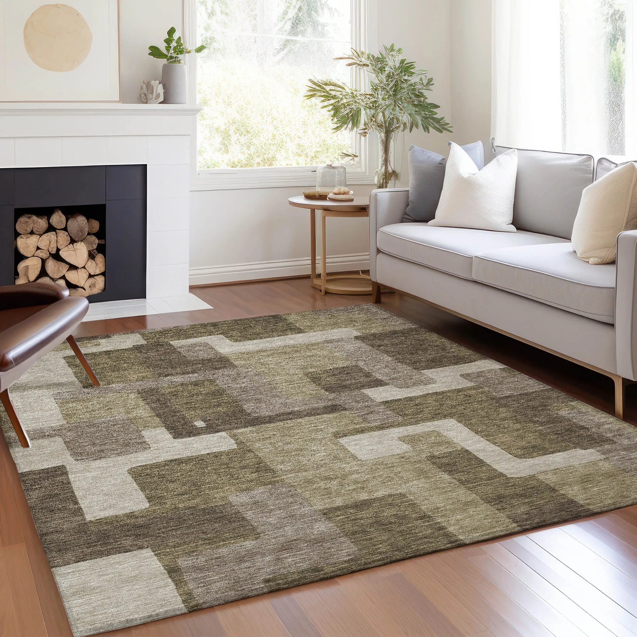 Machine Washable Indoor/ Outdoor Chantille Modern Blocks Rug