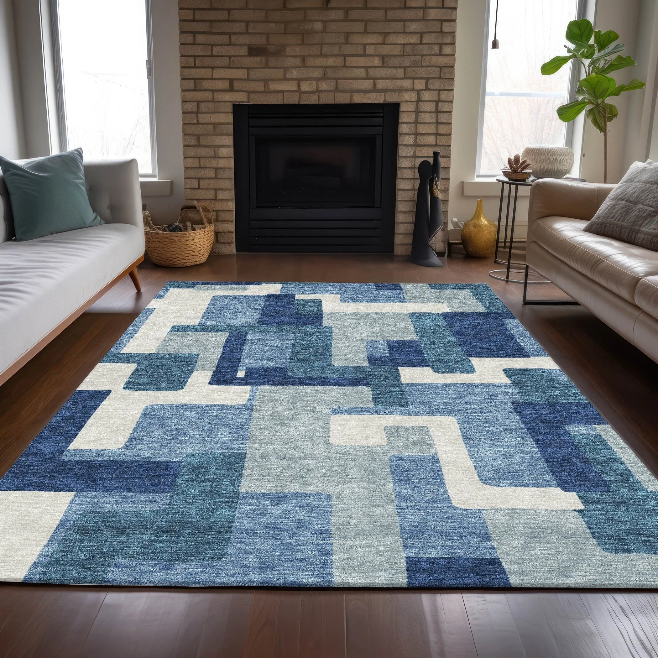 Machine Washable Indoor/ Outdoor Chantille Modern Blocks Rug