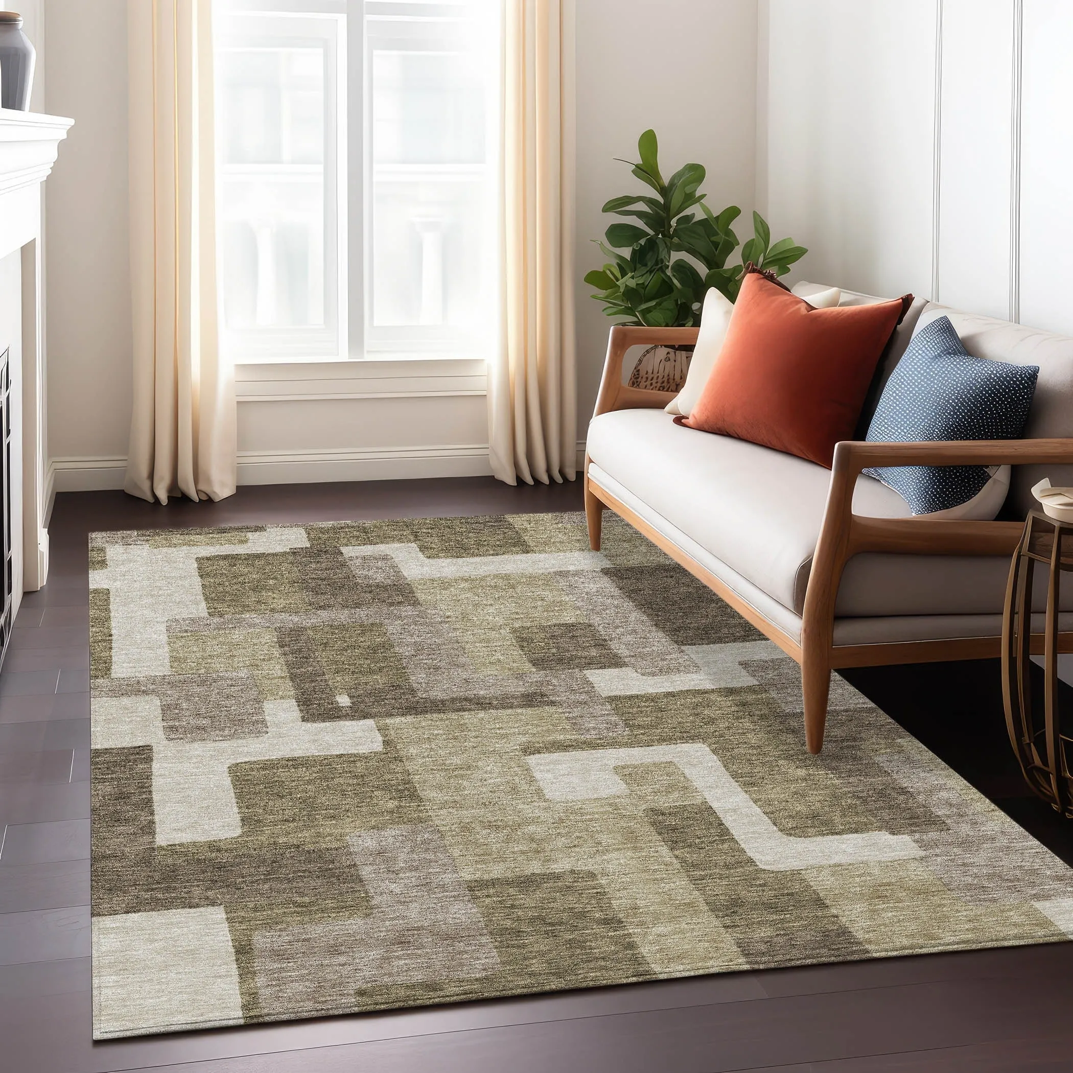 Machine Washable Indoor/ Outdoor Chantille Modern Blocks Rug