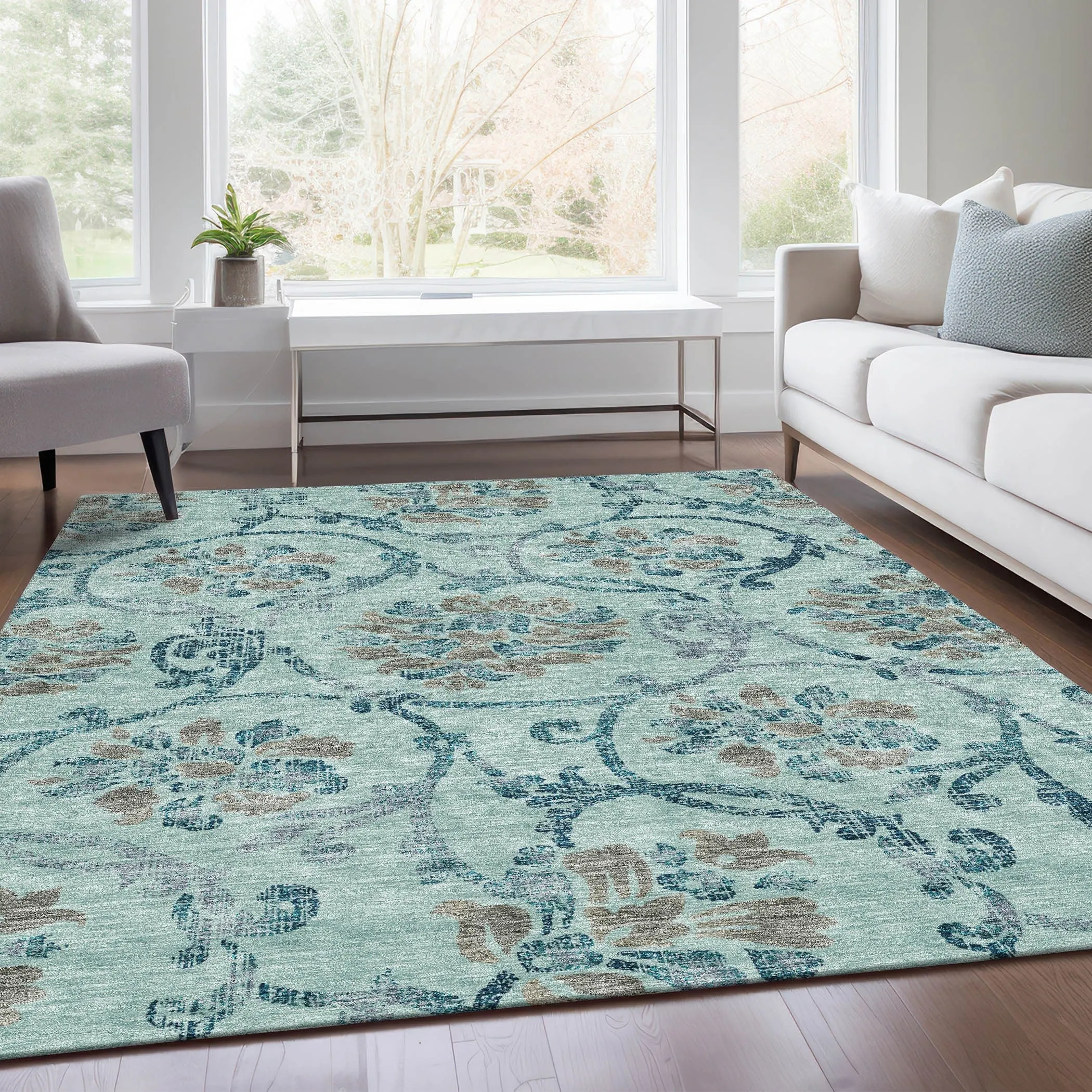 Machine Washable Indoor/ Outdoor Chantille Scroll Floral Rug