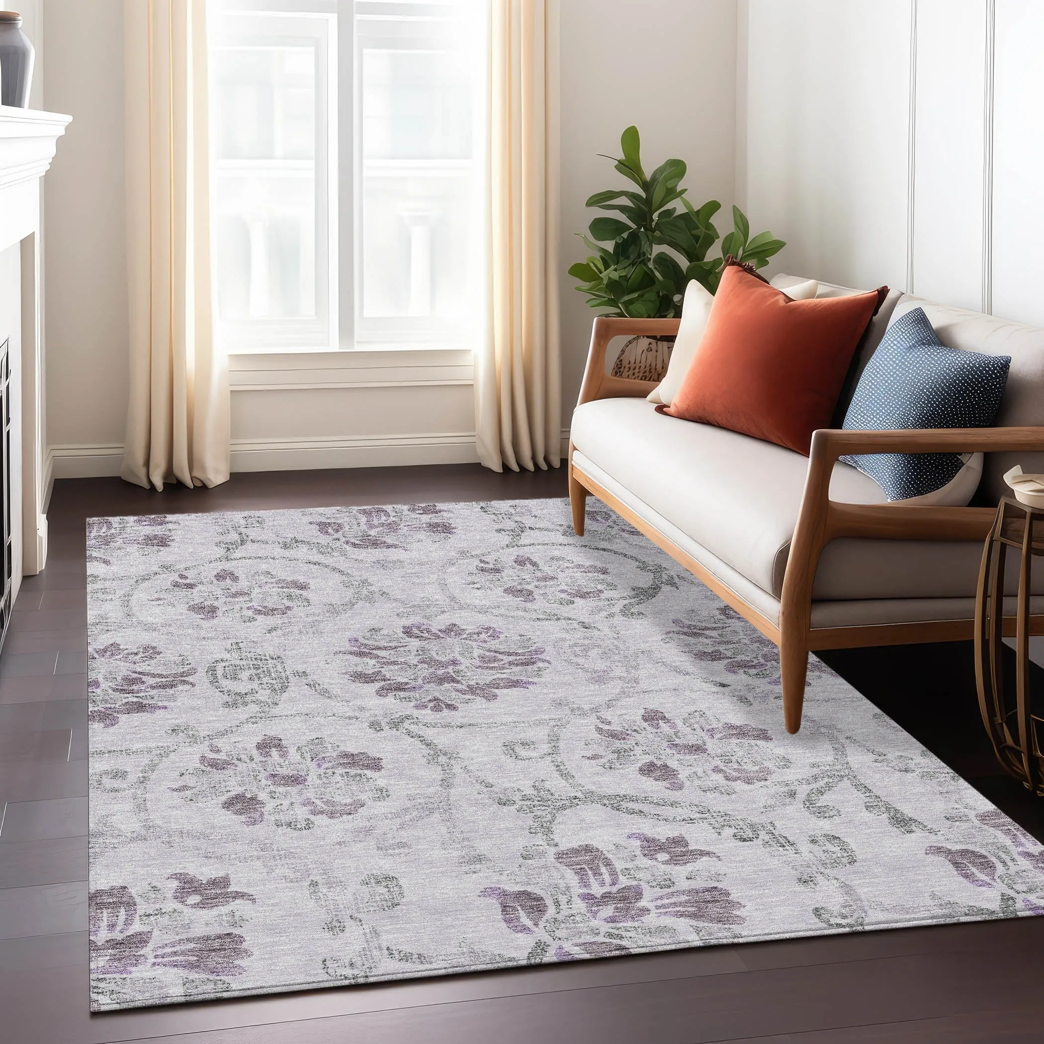 Machine Washable Indoor/ Outdoor Chantille Scroll Floral Rug