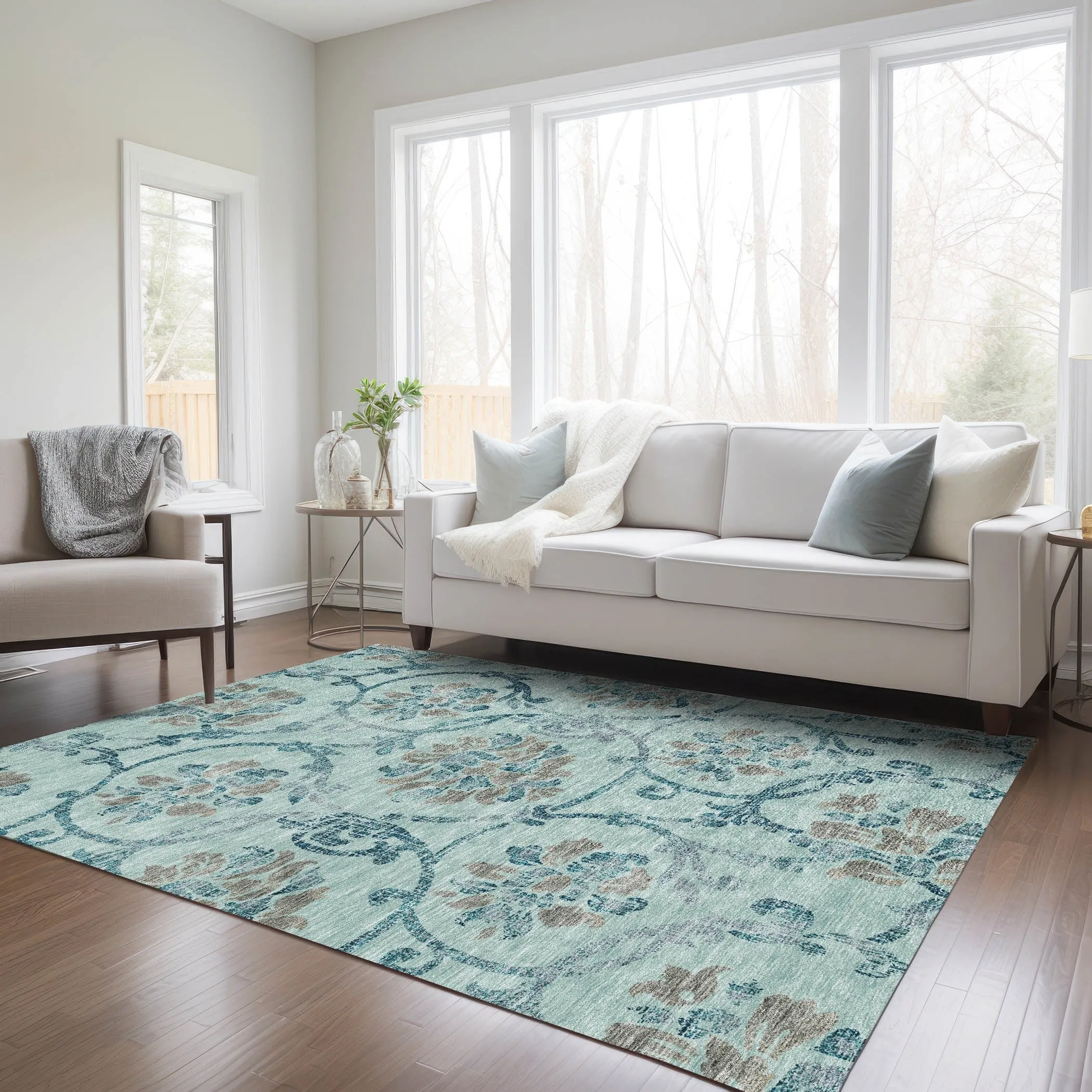 Machine Washable Indoor/ Outdoor Chantille Scroll Floral Rug