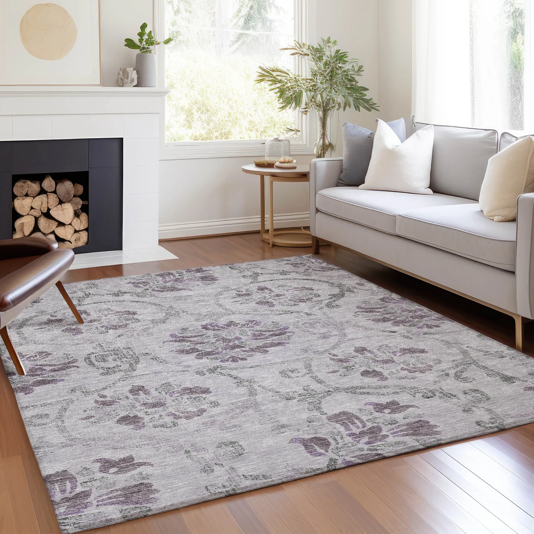 Machine Washable Indoor/ Outdoor Chantille Scroll Floral Rug