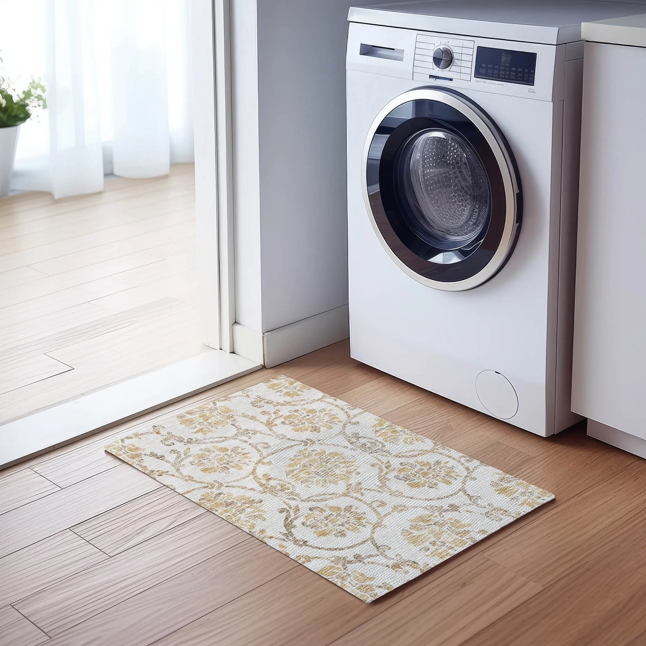 Machine Washable Indoor/ Outdoor Chantille Scroll Floral Rug