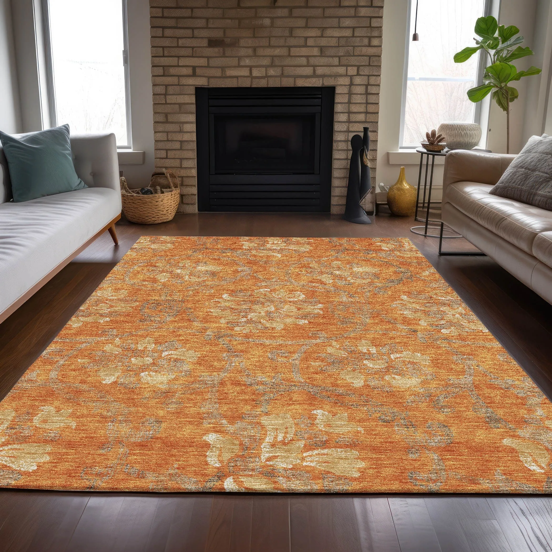 Machine Washable Indoor/ Outdoor Chantille Scroll Floral Rug