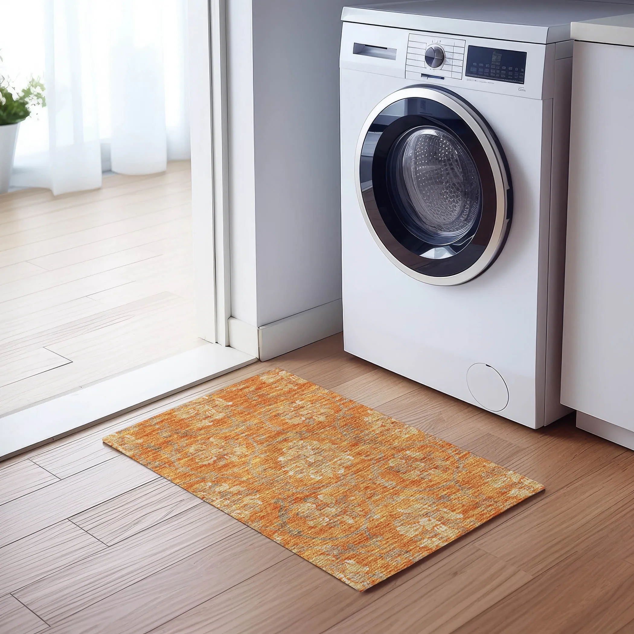 Machine Washable Indoor/ Outdoor Chantille Scroll Floral Rug