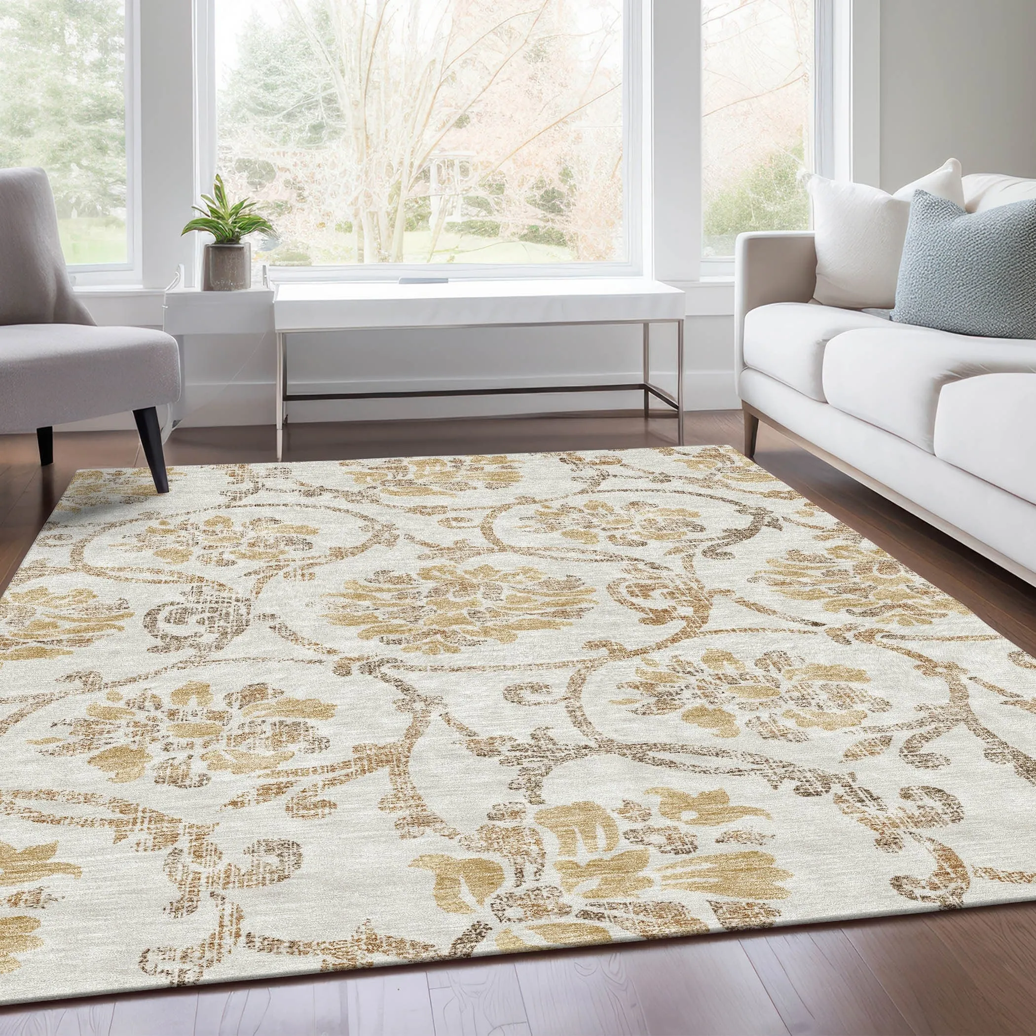Machine Washable Indoor/ Outdoor Chantille Scroll Floral Rug