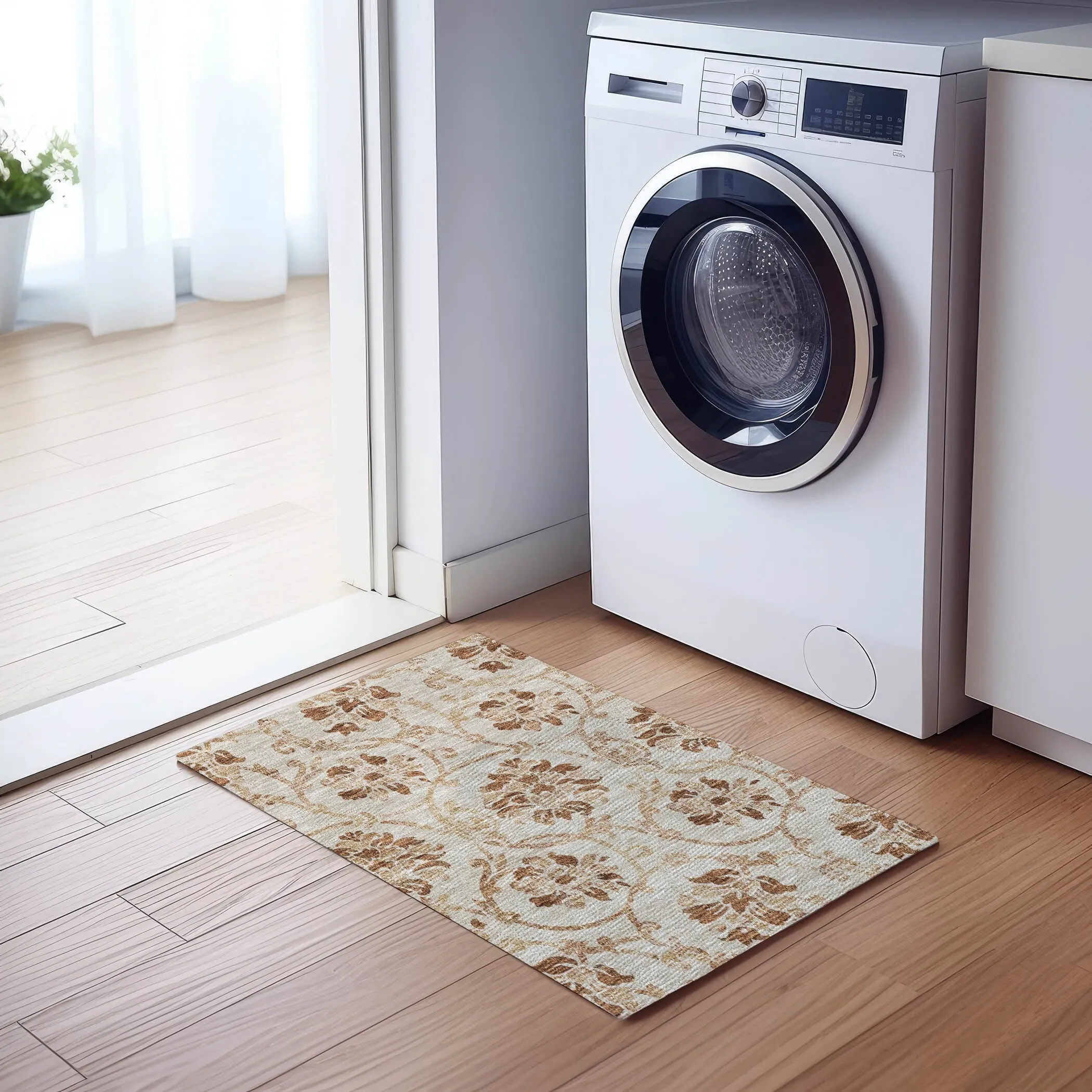 Machine Washable Indoor/ Outdoor Chantille Scroll Floral Rug