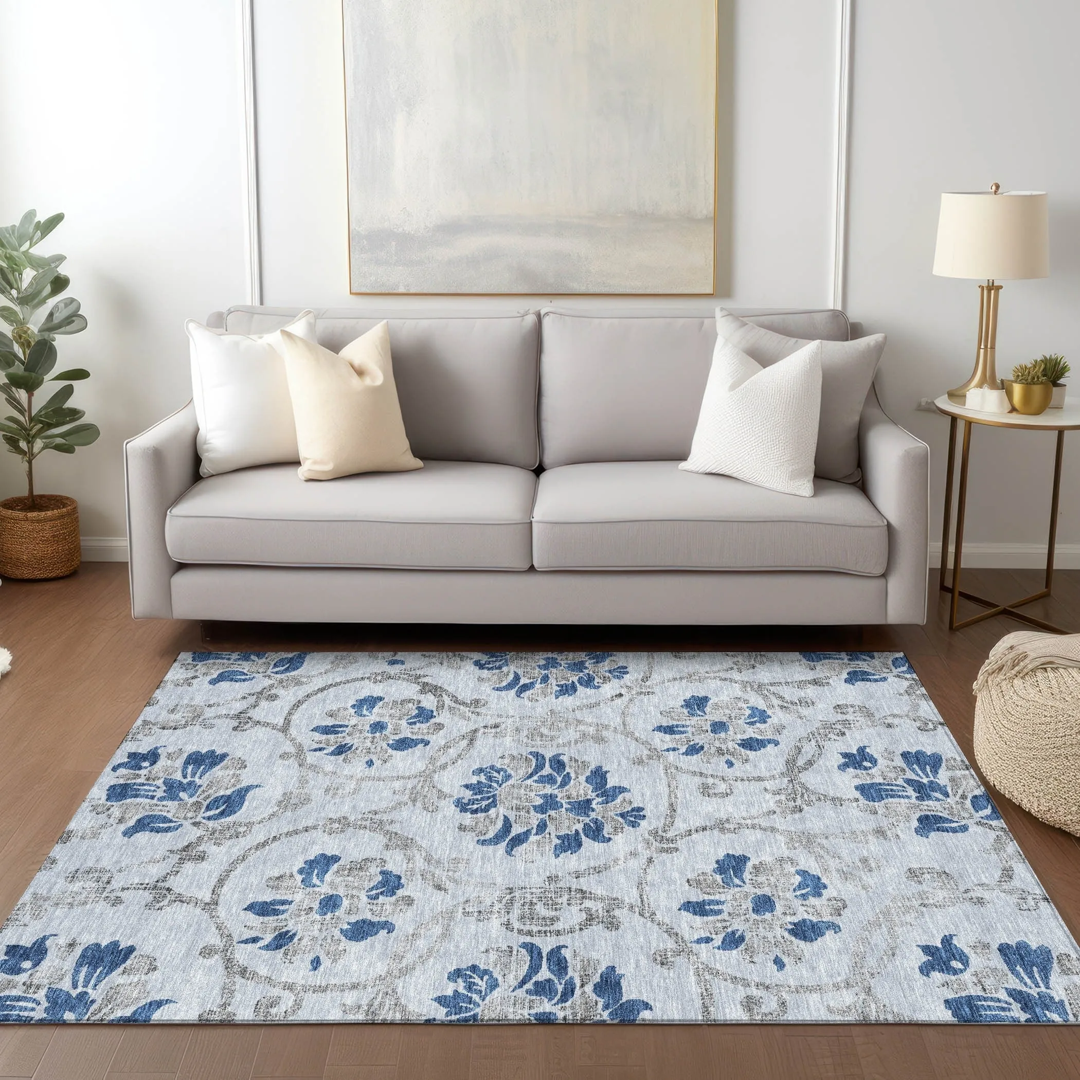 Machine Washable Indoor/ Outdoor Chantille Scroll Floral Rug