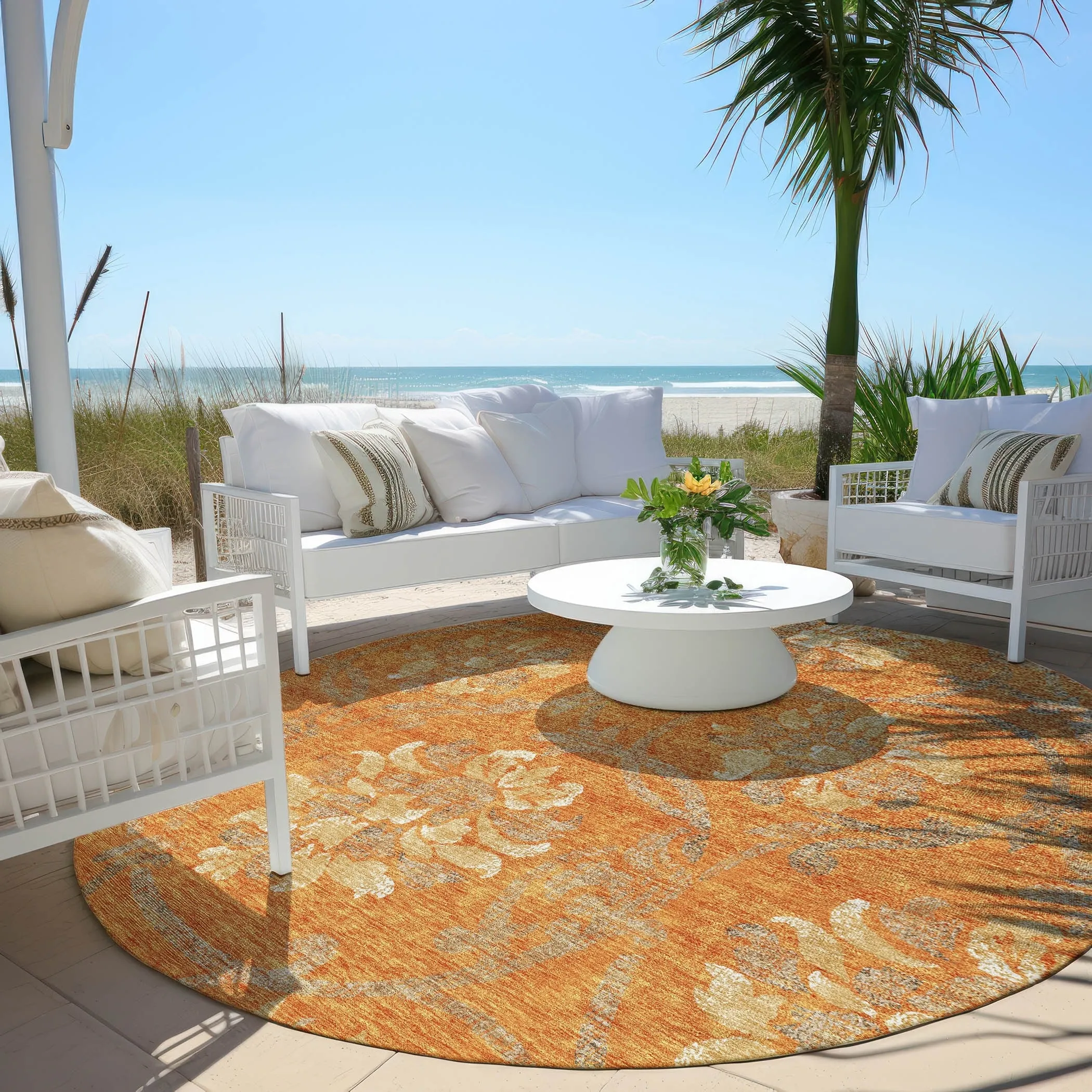 Machine Washable Indoor/ Outdoor Chantille Scroll Floral Rug