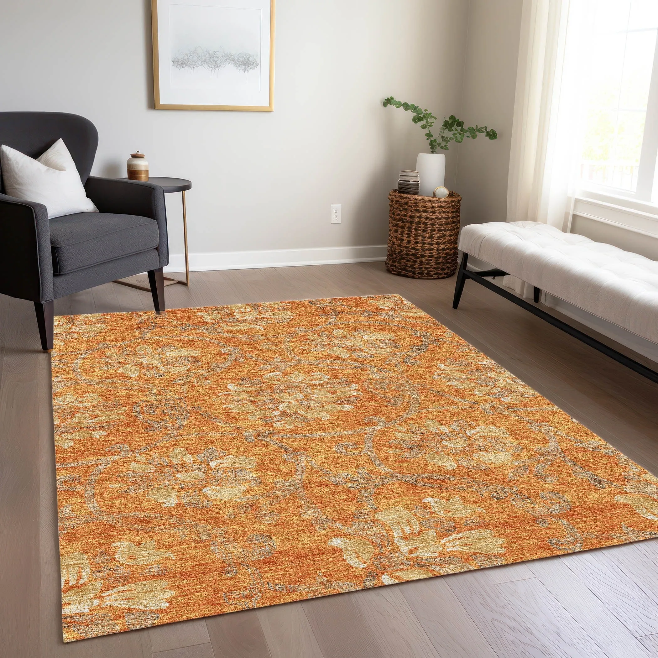 Machine Washable Indoor/ Outdoor Chantille Scroll Floral Rug
