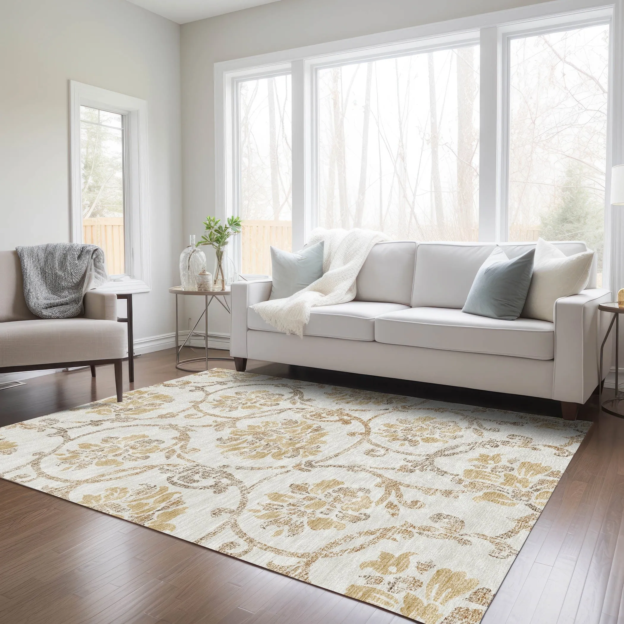 Machine Washable Indoor/ Outdoor Chantille Scroll Floral Rug
