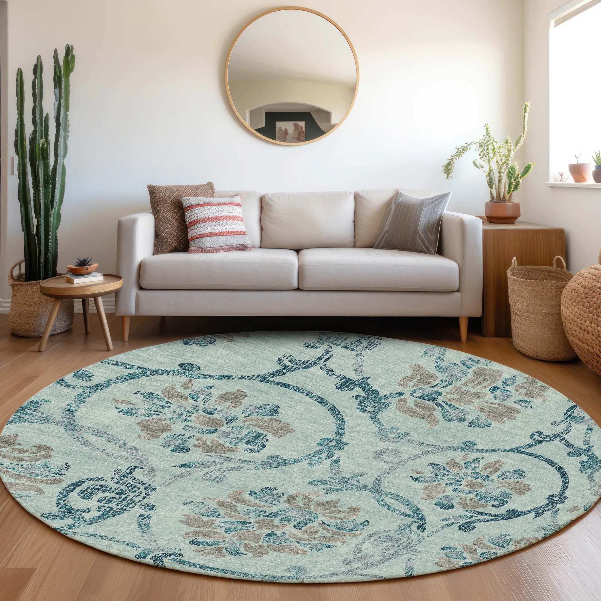 Machine Washable Indoor/ Outdoor Chantille Scroll Floral Rug