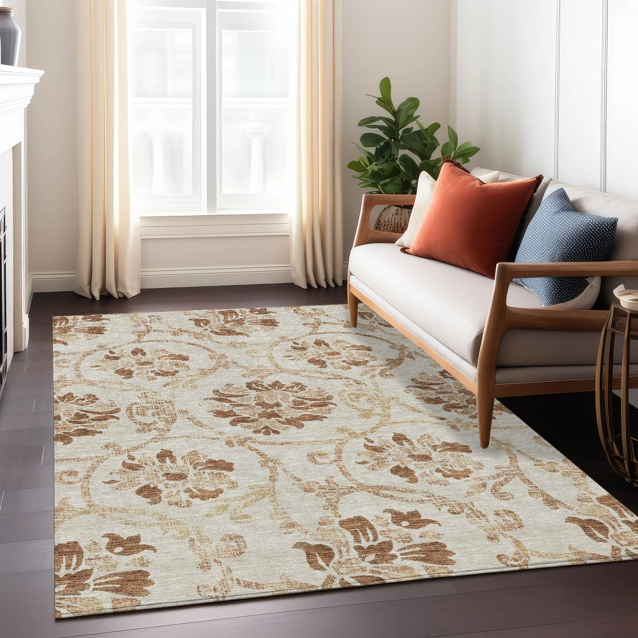 Machine Washable Indoor/ Outdoor Chantille Scroll Floral Rug