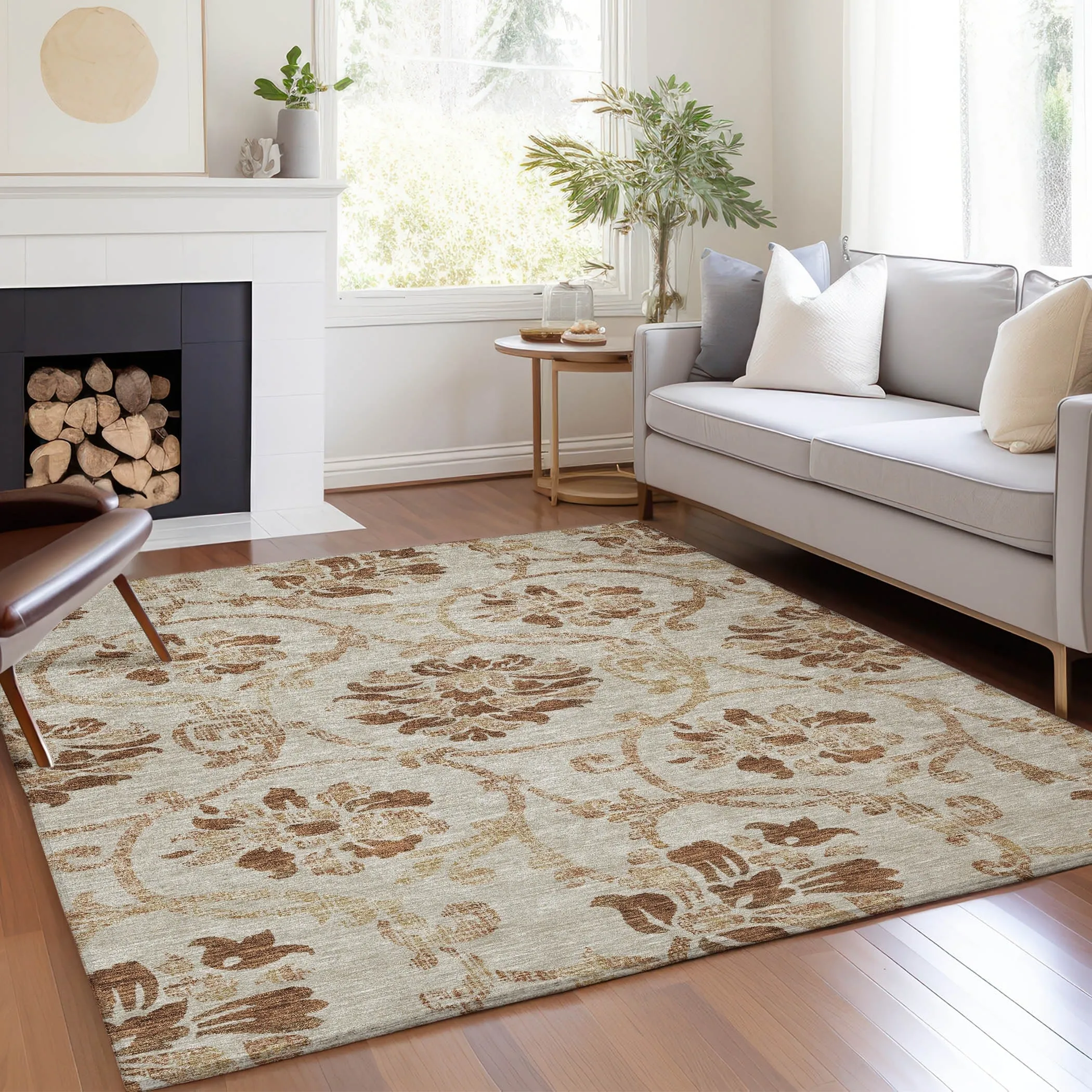 Machine Washable Indoor/ Outdoor Chantille Scroll Floral Rug