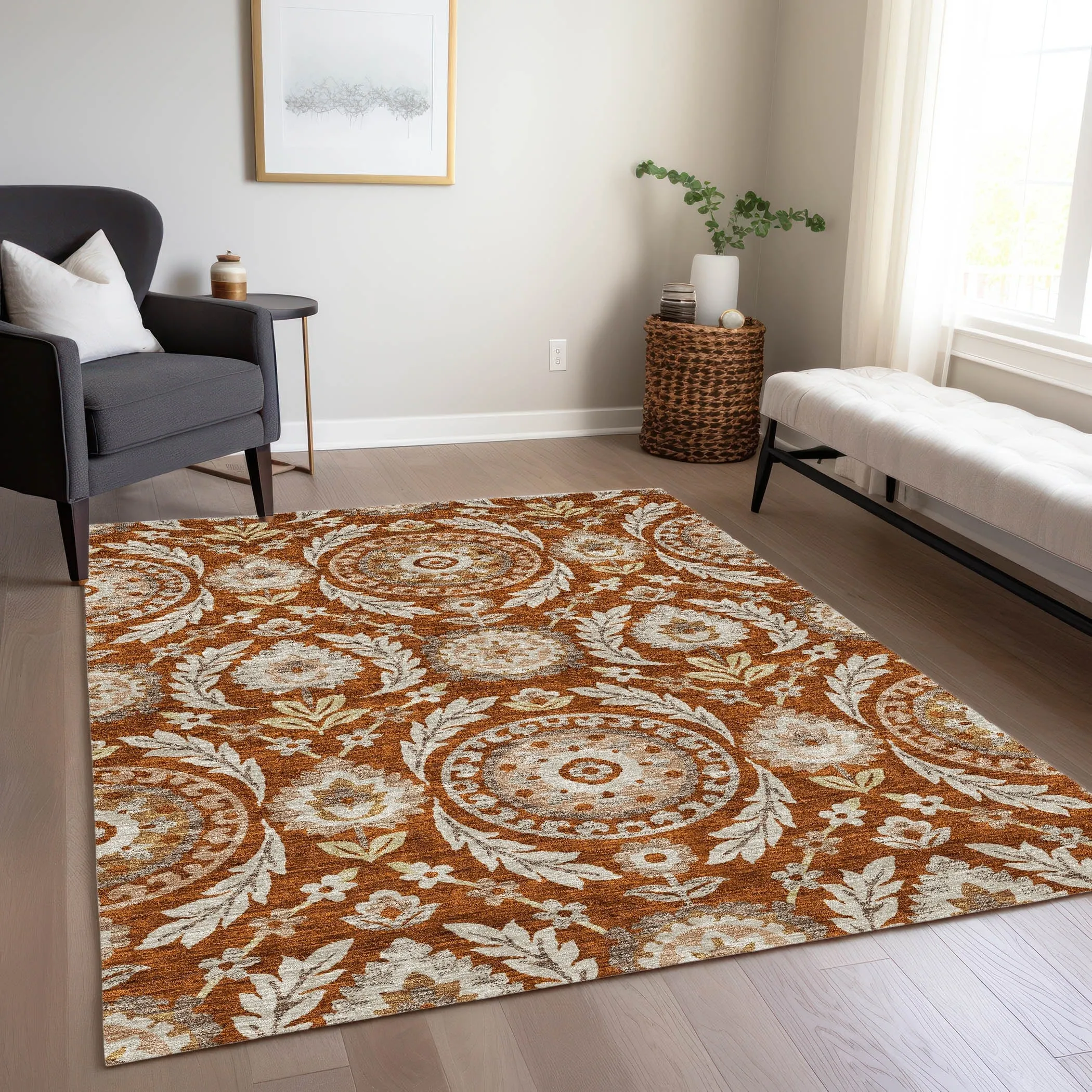 Machine Washable Indoor/ Outdoor Chantille Suzani Boho Rug