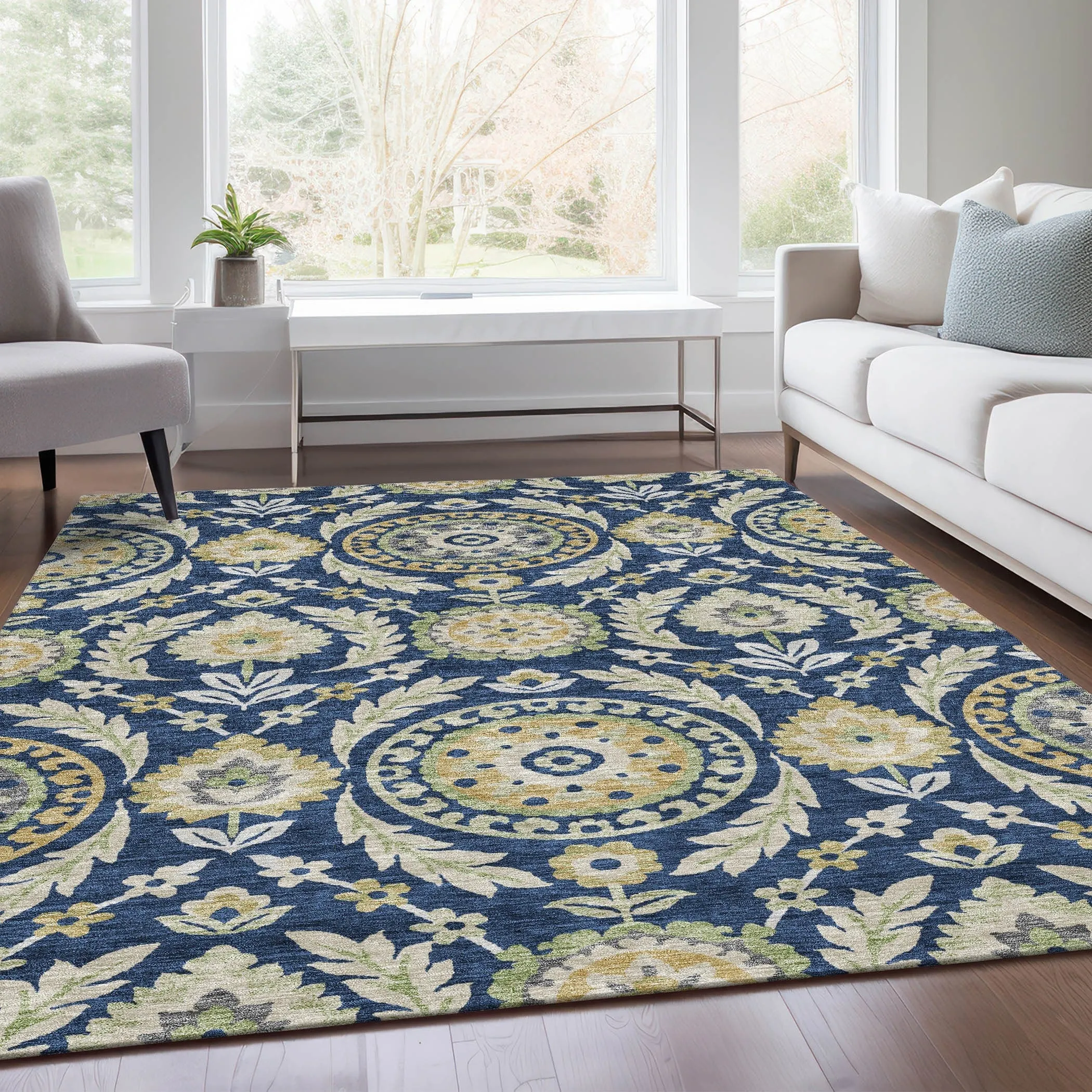 Machine Washable Indoor/ Outdoor Chantille Suzani Boho Rug