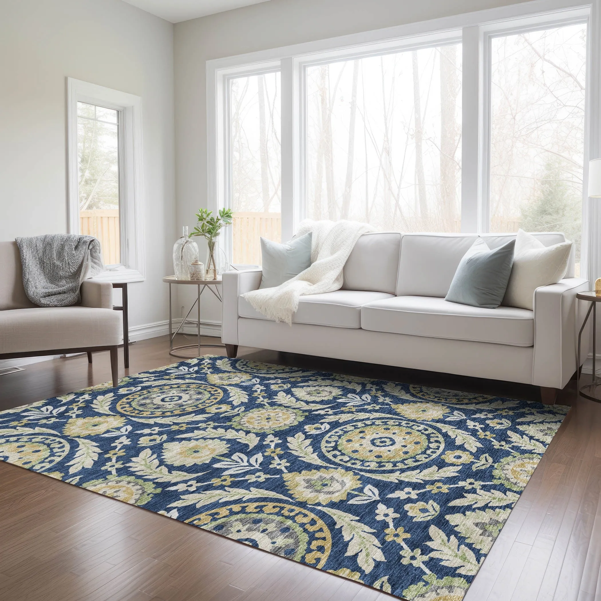 Machine Washable Indoor/ Outdoor Chantille Suzani Boho Rug