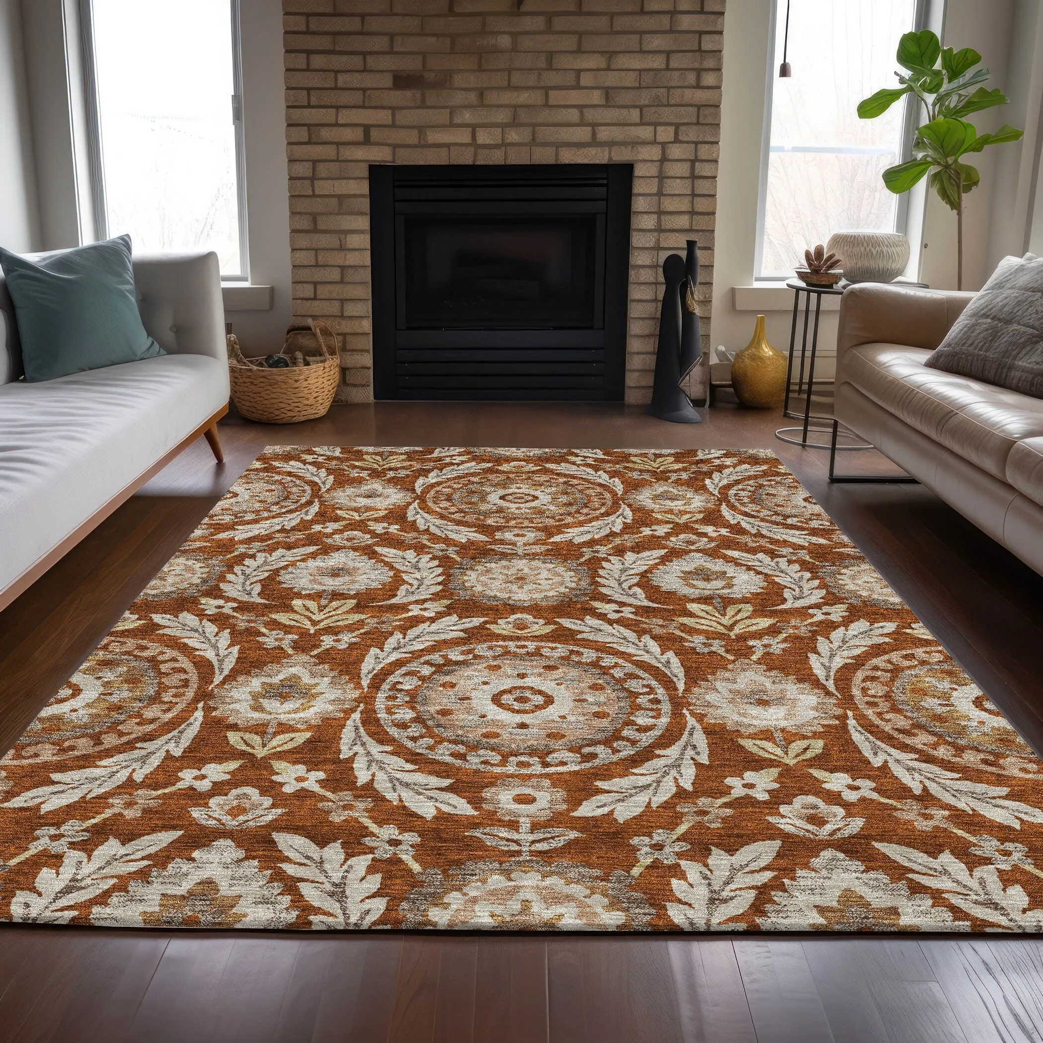 Machine Washable Indoor/ Outdoor Chantille Suzani Boho Rug