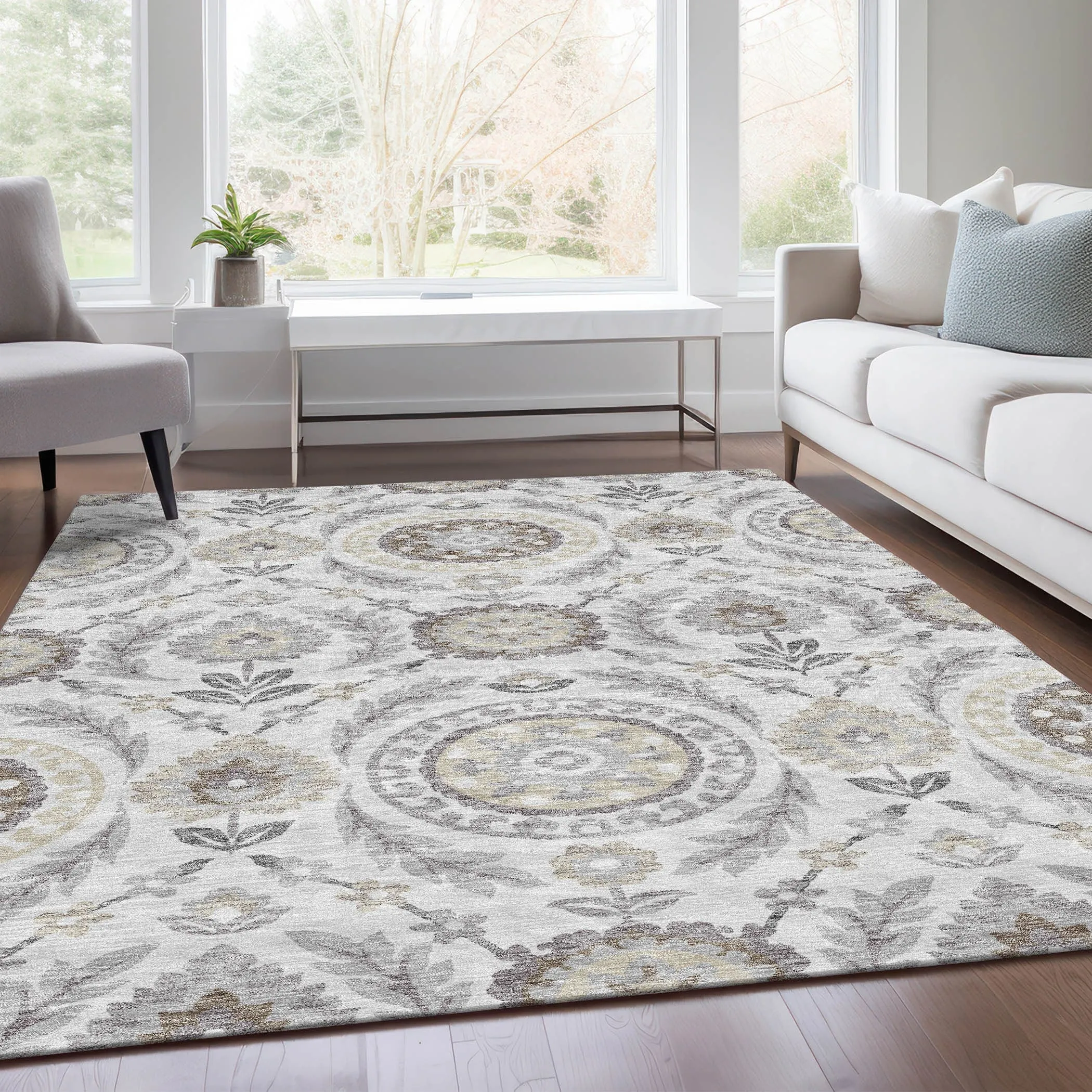 Machine Washable Indoor/ Outdoor Chantille Suzani Boho Rug