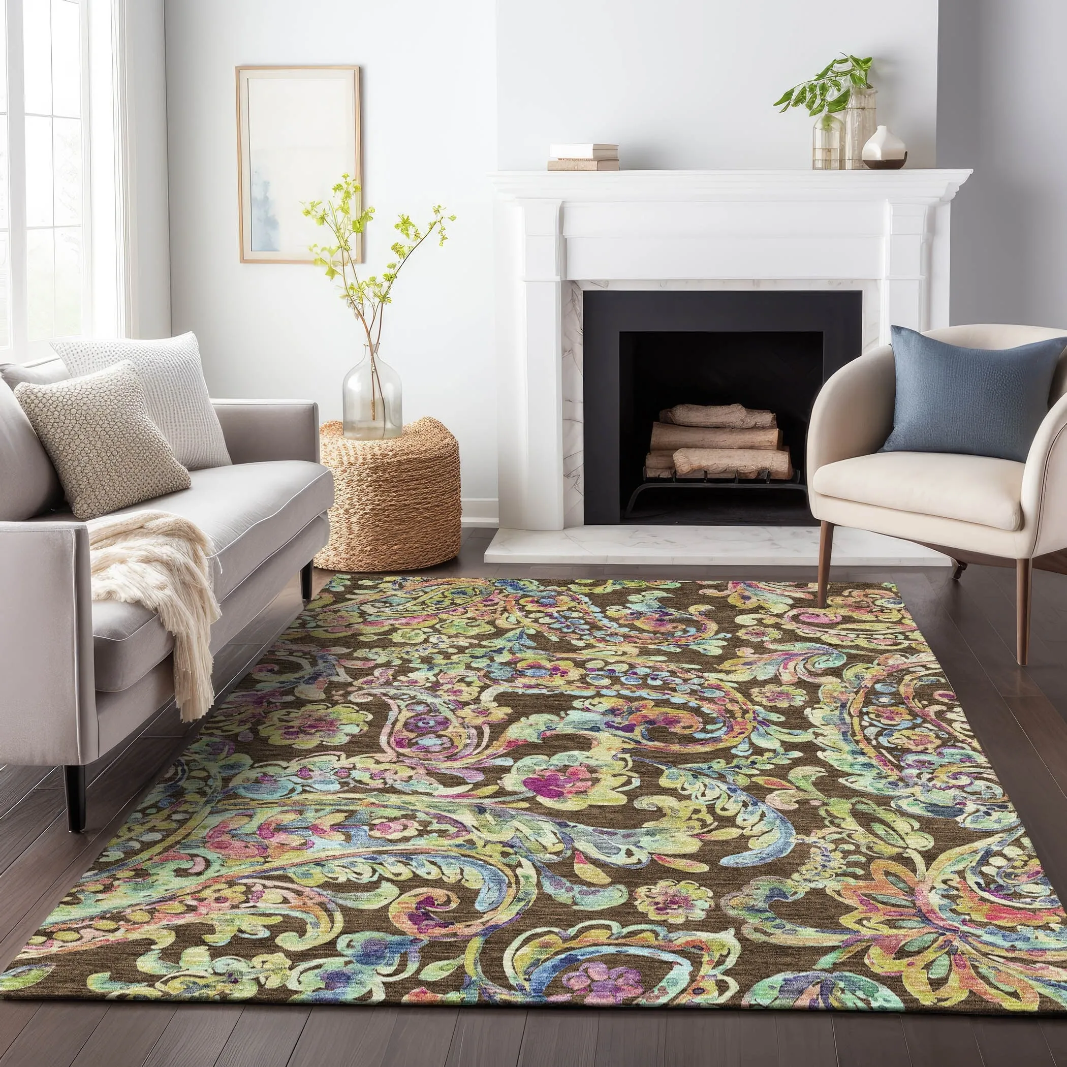 Machine Washable Indoor/ Outdoor Chantille Traditional Scroll Rug