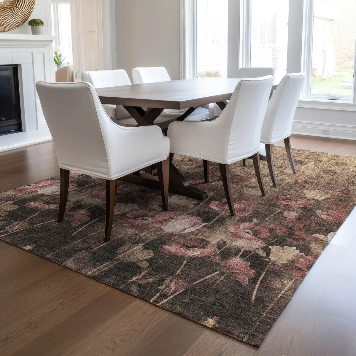 Machine Washable Indoor/ Outdoor Modern Floral Chantille Rug