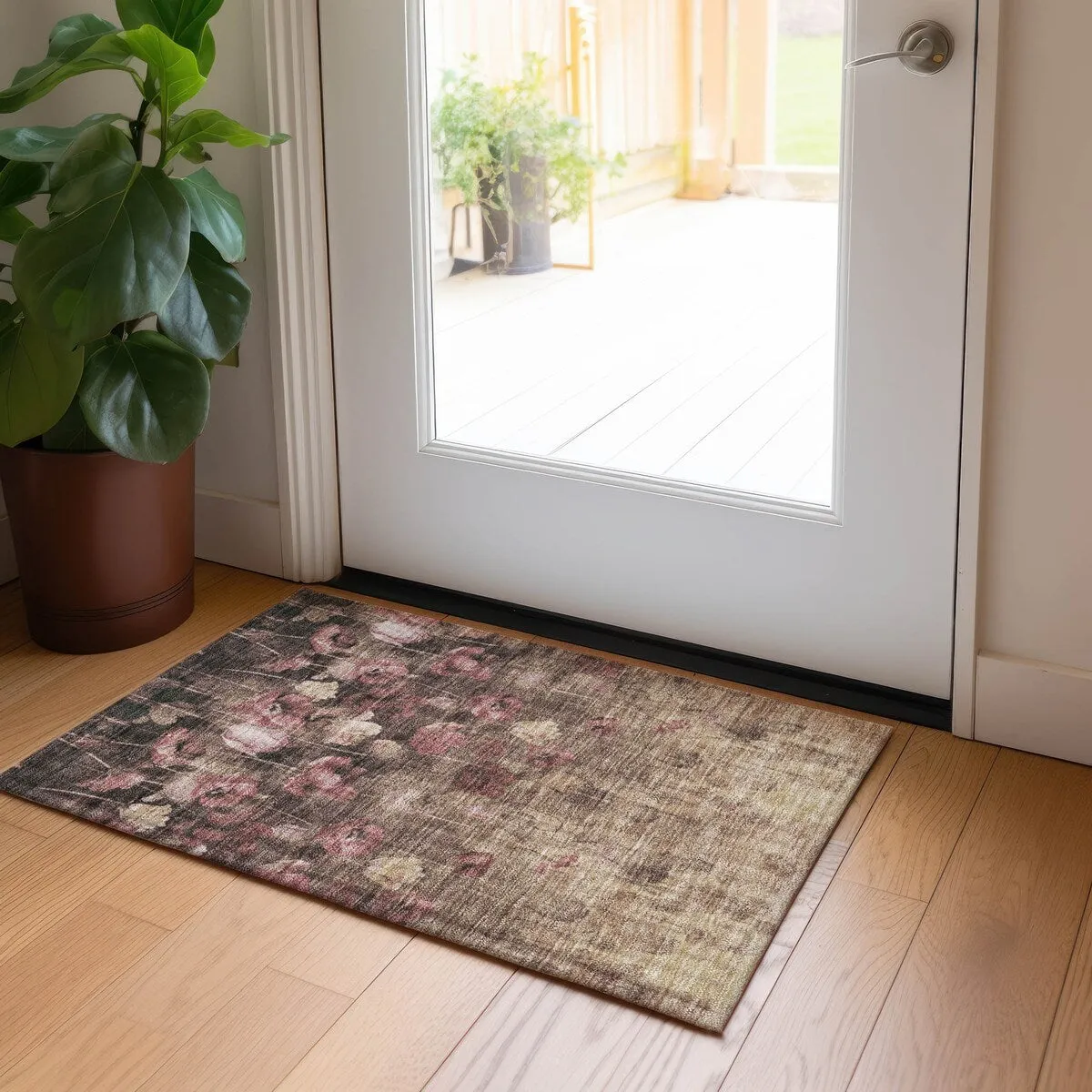 Machine Washable Indoor/ Outdoor Modern Floral Chantille Rug