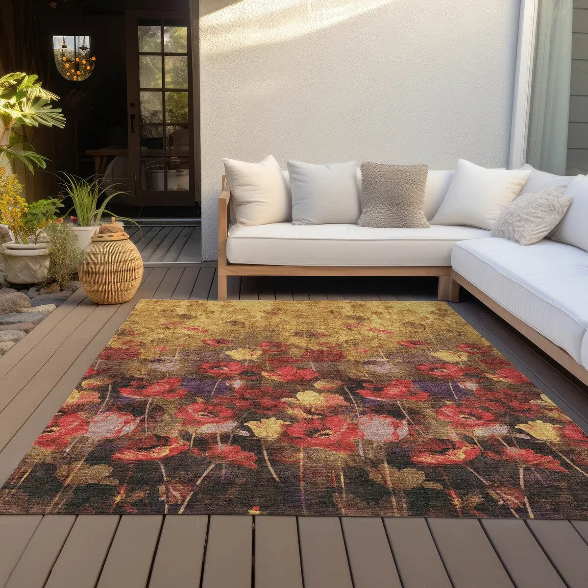 Machine Washable Indoor/ Outdoor Modern Floral Chantille Rug