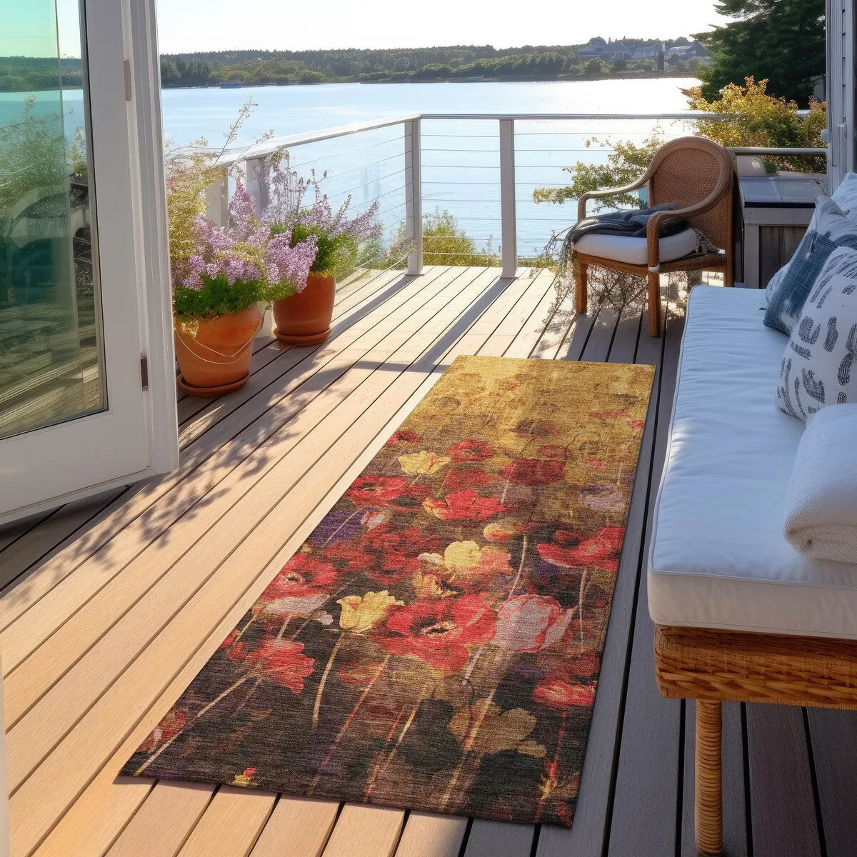 Machine Washable Indoor/ Outdoor Modern Floral Chantille Rug