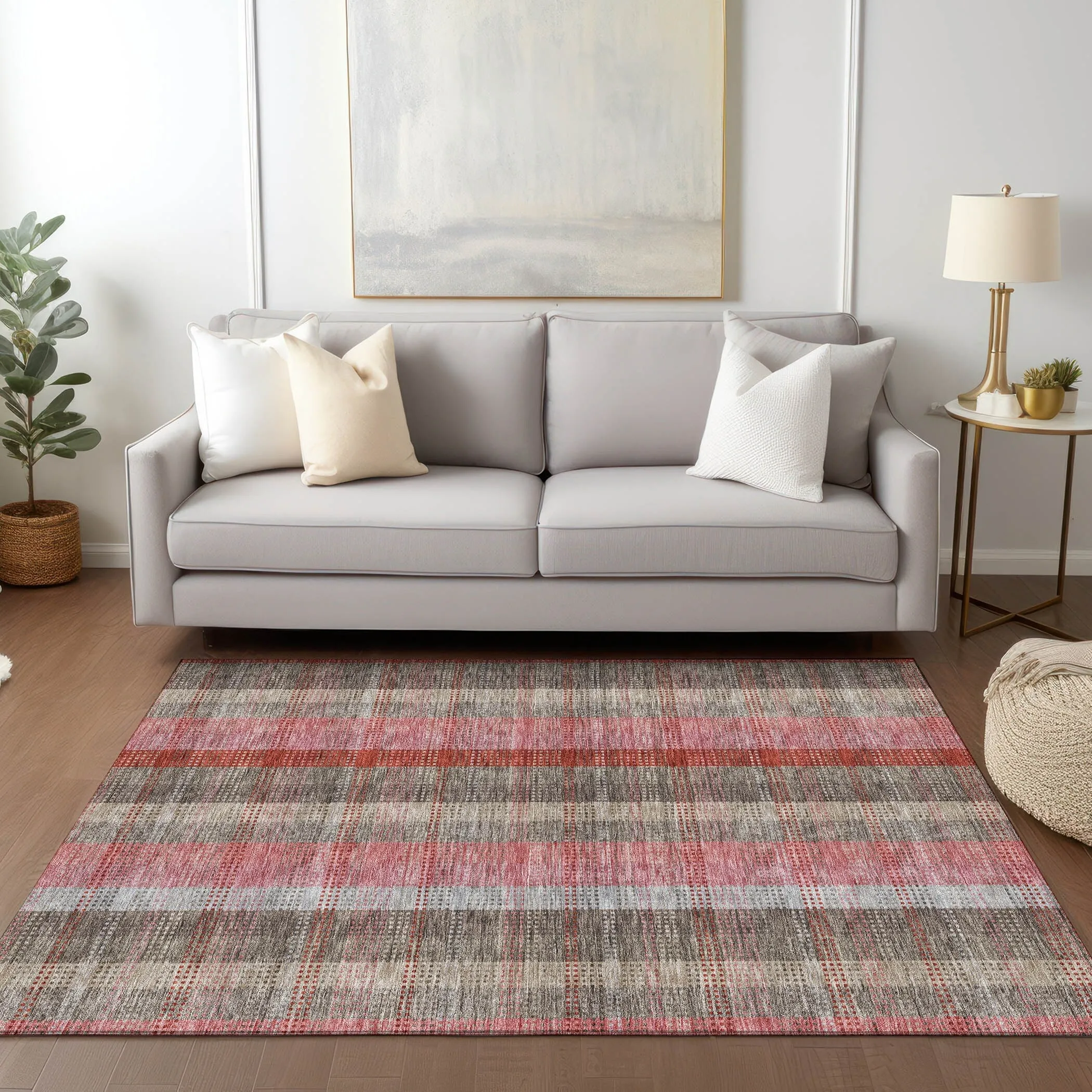 Machine Washable Indoor/ Outdoor Modern Plaid Chantille Rug