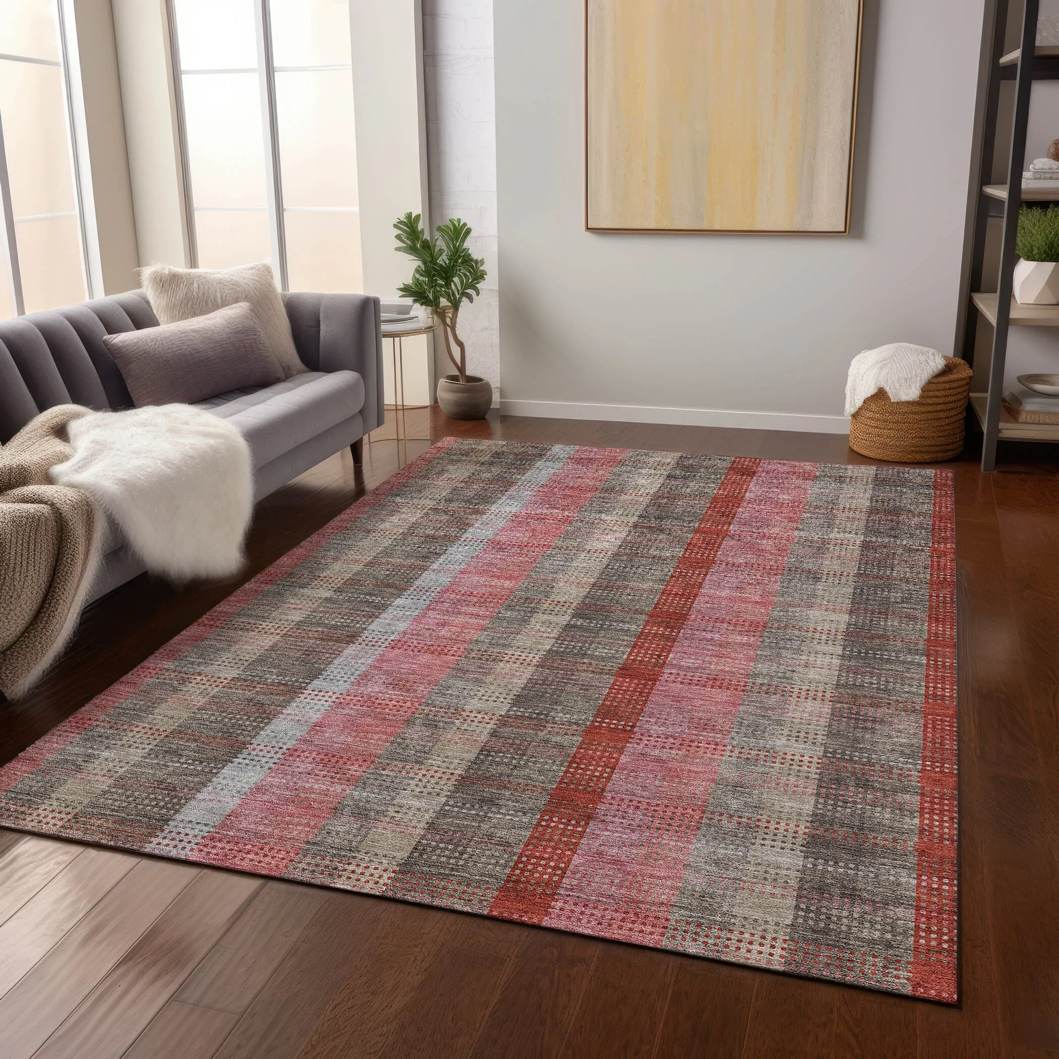 Machine Washable Indoor/ Outdoor Modern Plaid Chantille Rug