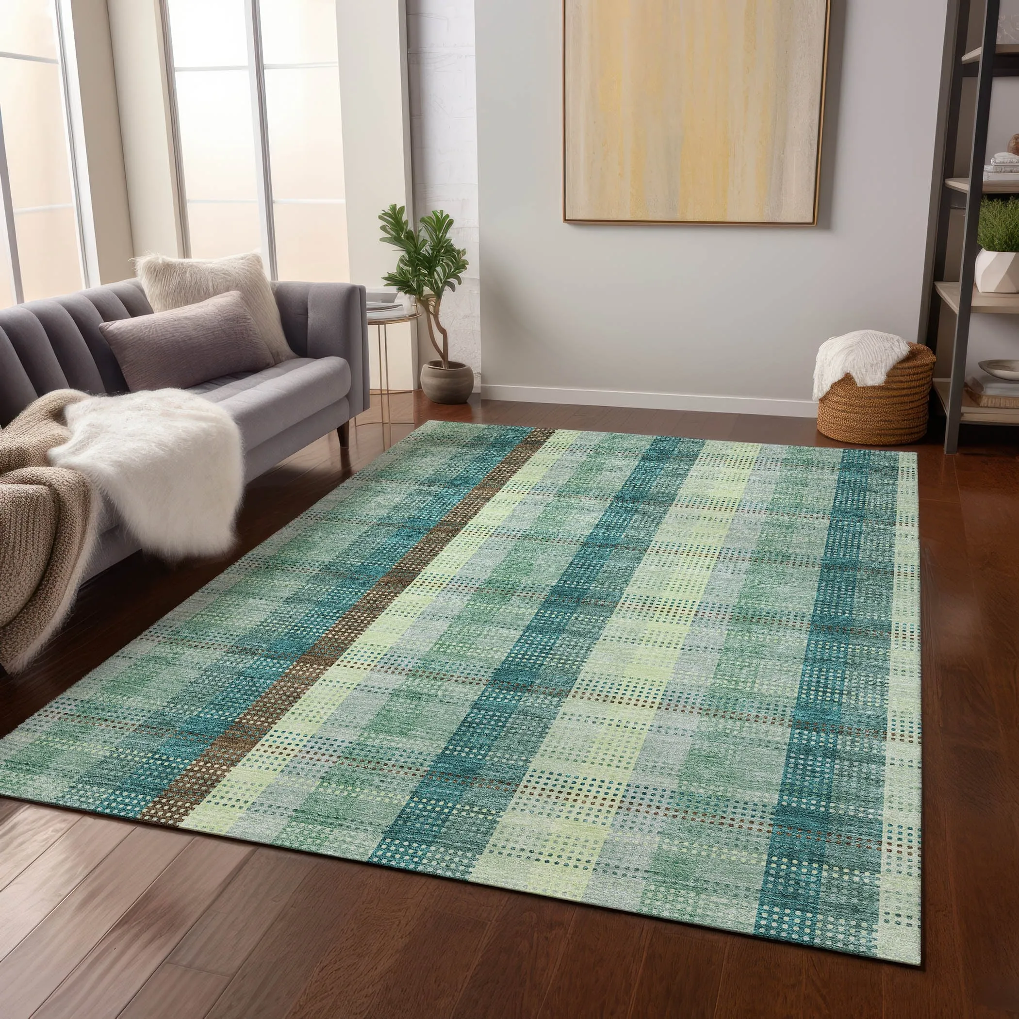 Machine Washable Indoor/ Outdoor Modern Plaid Chantille Rug