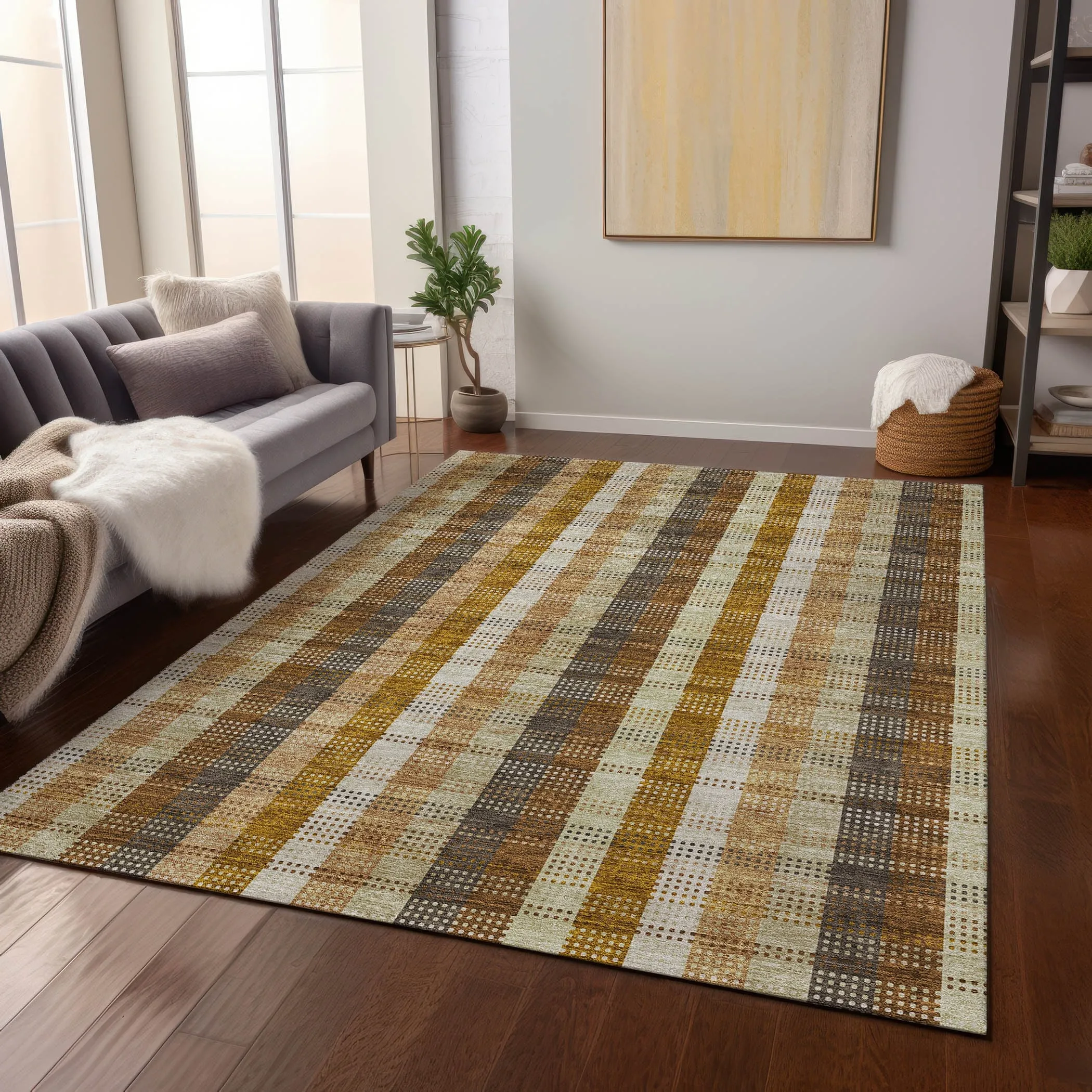 Machine Washable Indoor/ Outdoor Modern Plaid Chantille Rug