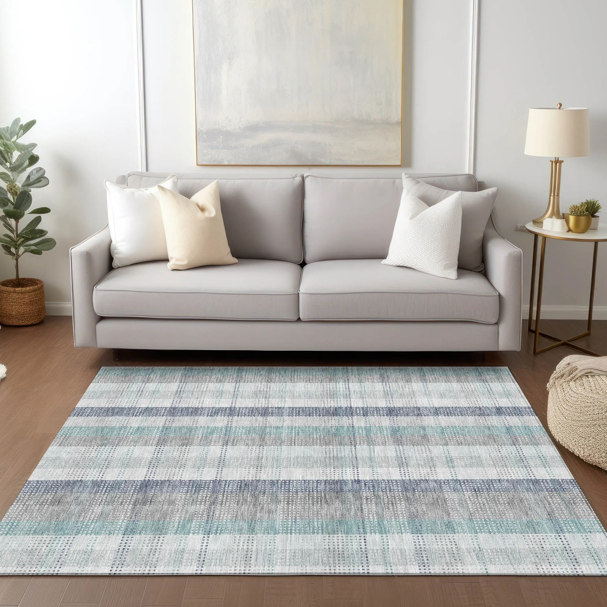 Machine Washable Indoor/ Outdoor Modern Plaid Chantille Rug