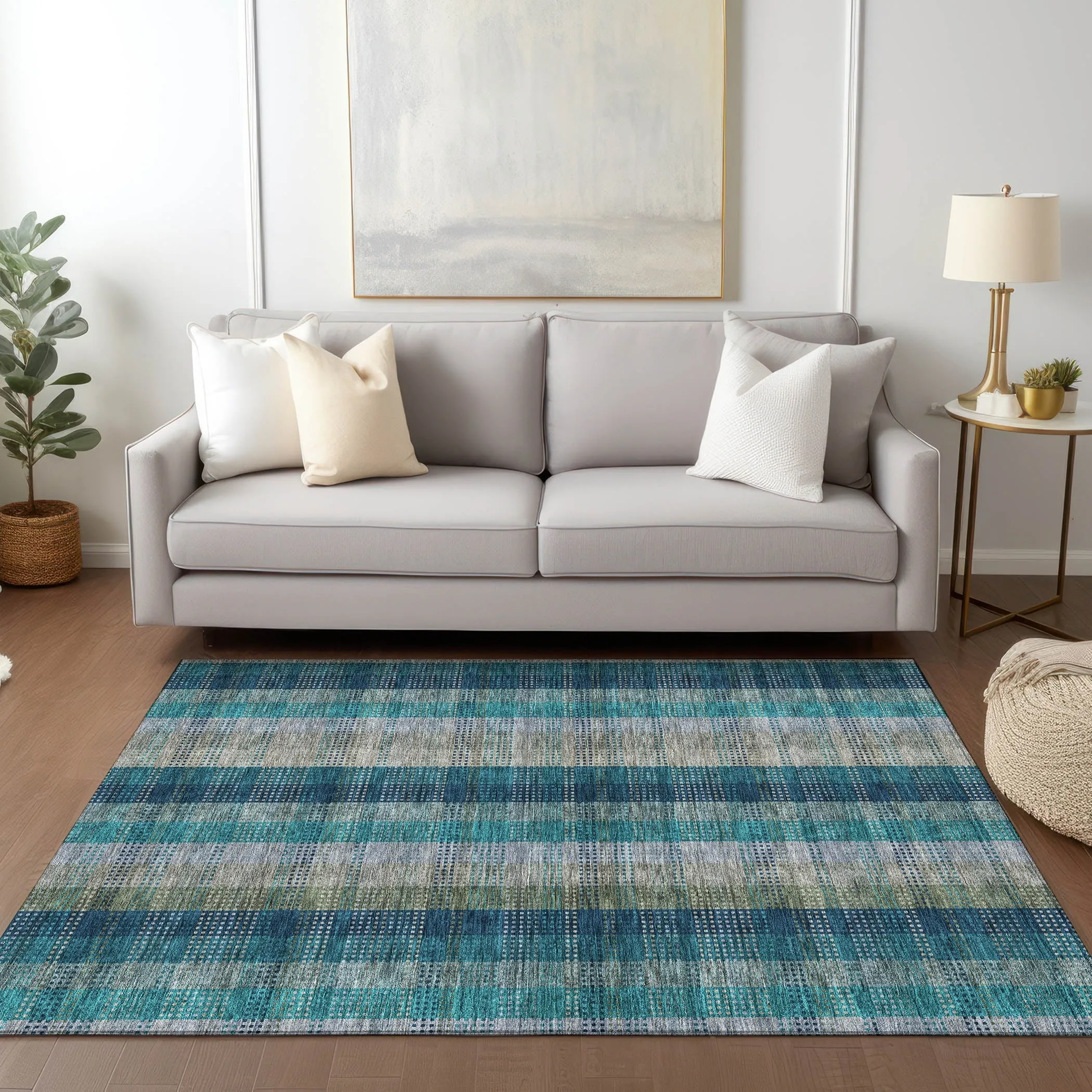 Machine Washable Indoor/ Outdoor Modern Plaid Chantille Rug