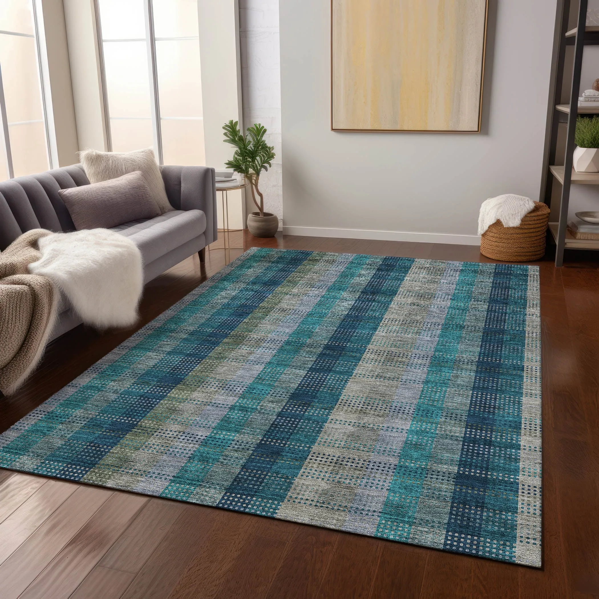Machine Washable Indoor/ Outdoor Modern Plaid Chantille Rug